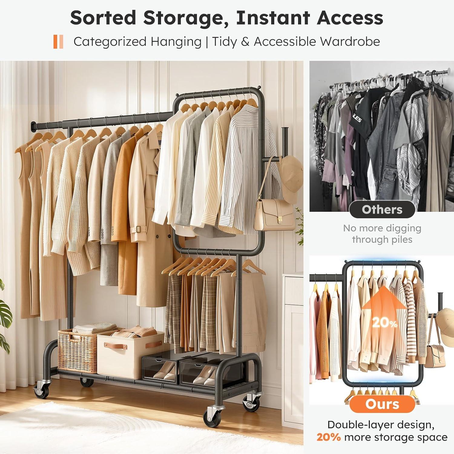 imageSOLEDI Heavy Duty Partitioned Clothes Rack 460 LBS Load Metal Garment Rack with Shelves amp Lockable Wheels Rolling Hanging Rack for Bedroom Laundry Room Store amp Garage SilverBlack