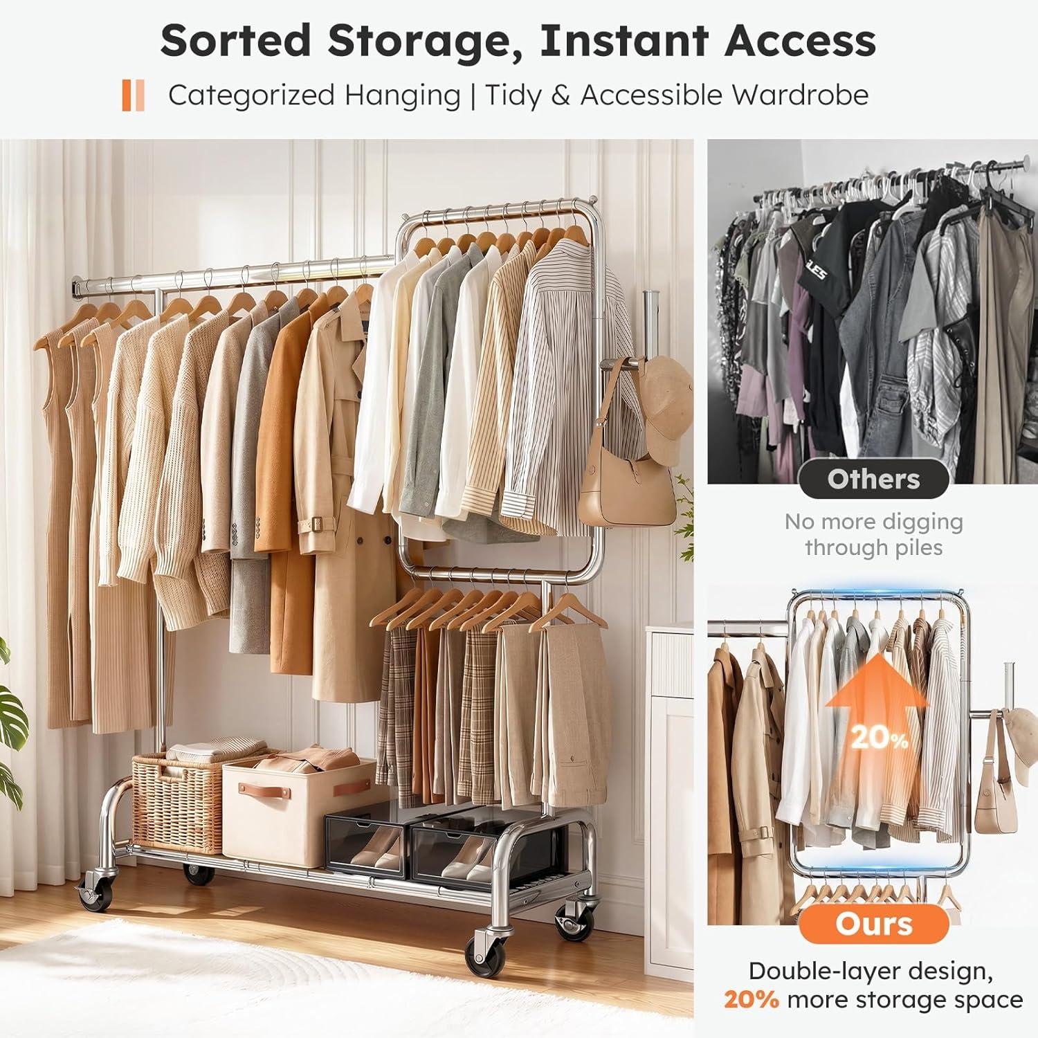 imageSOLEDI Heavy Duty Partitioned Clothes Rack 460 LBS Load Metal Garment Rack with Shelves amp Lockable Wheels Rolling Hanging Rack for Bedroom Laundry Room Store amp Garage SilverSilver