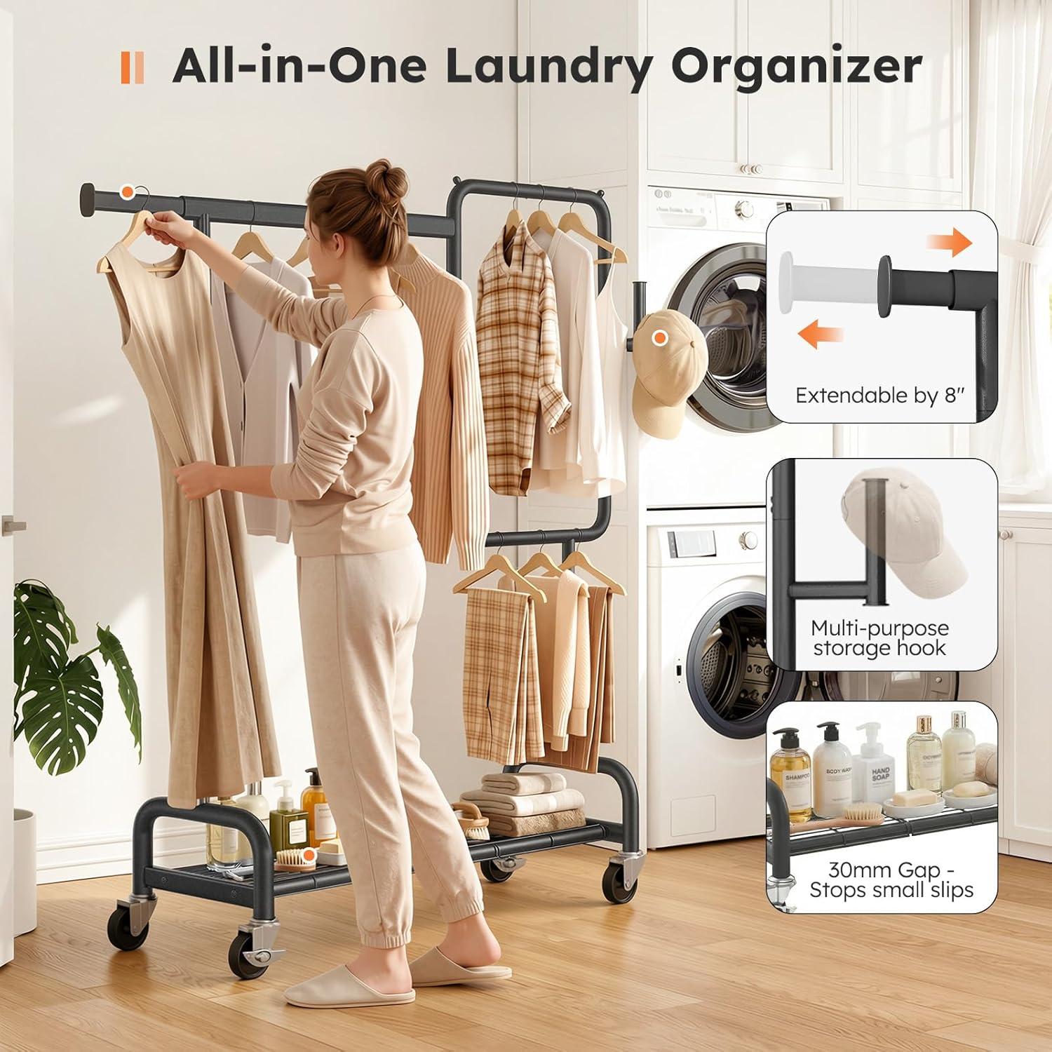 imageSOLEDI Heavy Duty Partitioned Clothes Rack 460 LBS Load Metal Garment Rack with Shelves amp Lockable Wheels Rolling Hanging Rack for Bedroom Laundry Room Store amp Garage SilverBlack