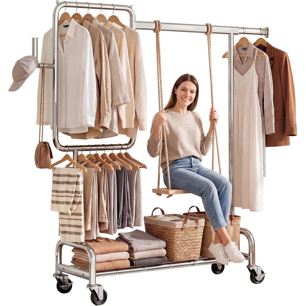 imageSOLEDI Heavy Duty Partitioned Clothes Rack 460 LBS Load Metal Garment Rack with Shelves amp Lockable Wheels Rolling Hanging Rack for Bedroom Laundry Room Store amp Garage SilverSilver