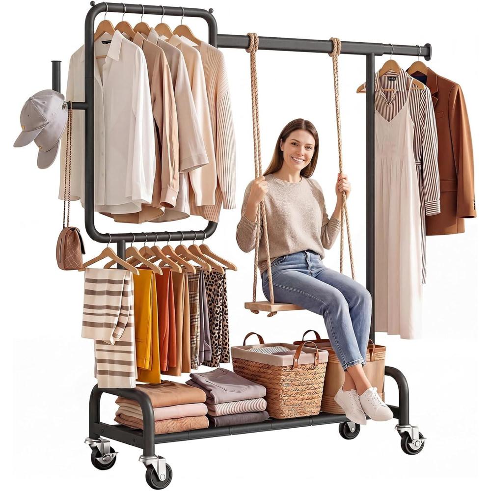 imageSOLEDI Heavy Duty Partitioned Clothes Rack 460 LBS Load Metal Garment Rack with Shelves amp Lockable Wheels Rolling Hanging Rack for Bedroom Laundry Room Store amp Garage SilverBlack