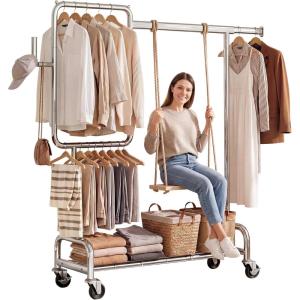 SOLEDI Heavy Duty Partitioned Clothes Rack, 460 LBS Load Metal Garment Rack with Shelves & Lockable Wheels, Rolling Hanging Rack for Bedroom, Laundry Room, Store & Garage (Silver)(Silver)