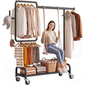 SOLEDI Heavy Duty Partitioned Clothes Rack, 460 LBS Load Metal Garment Rack with Shelves & Lockable Wheels, Rolling Hanging Rack for Bedroom, Laundry Room, Store & Garage (Silver)(Black)