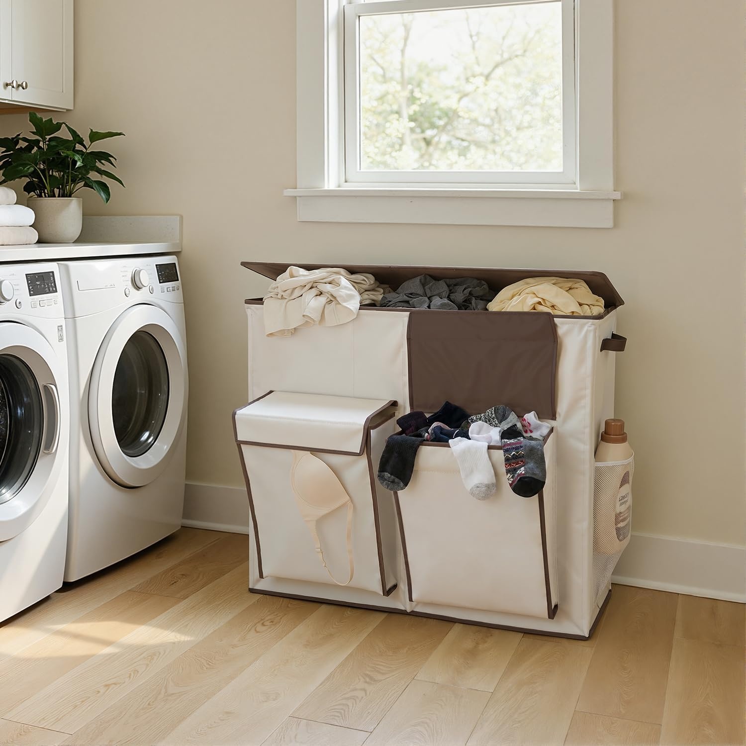 image:imageSOLEDI 220L Laundry Hamper 3 SectionExtra Large Laundry Basket with Lid and 2 Side Pockets Dirty Clothes Hamper with Removable Bag Easy to Carry for Laundry Room Bedroom Bathroom BlackWhite