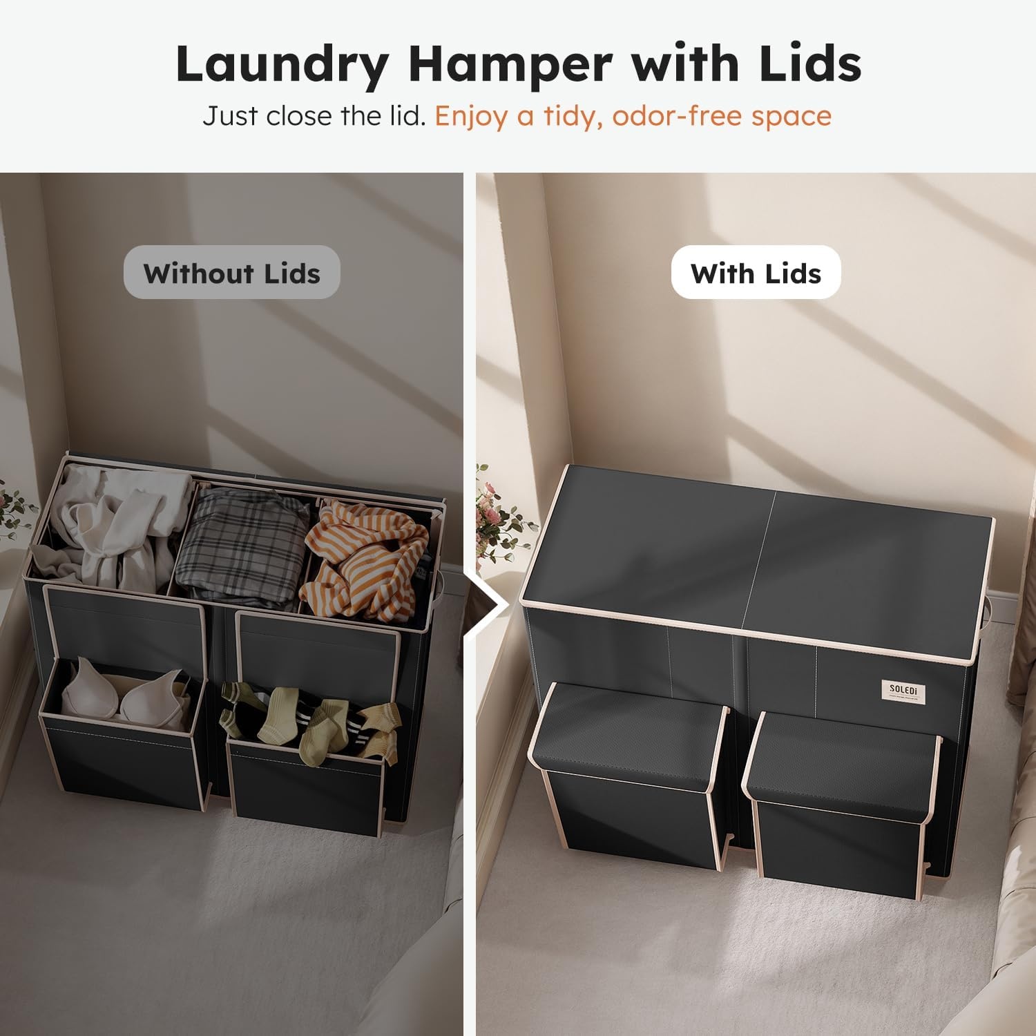 image:imageSOLEDI 220L Laundry Hamper 3 SectionExtra Large Laundry Basket with Lid and 2 Side Pockets Dirty Clothes Hamper with Removable Bag Easy to Carry for Laundry Room Bedroom Bathroom BlackBlack