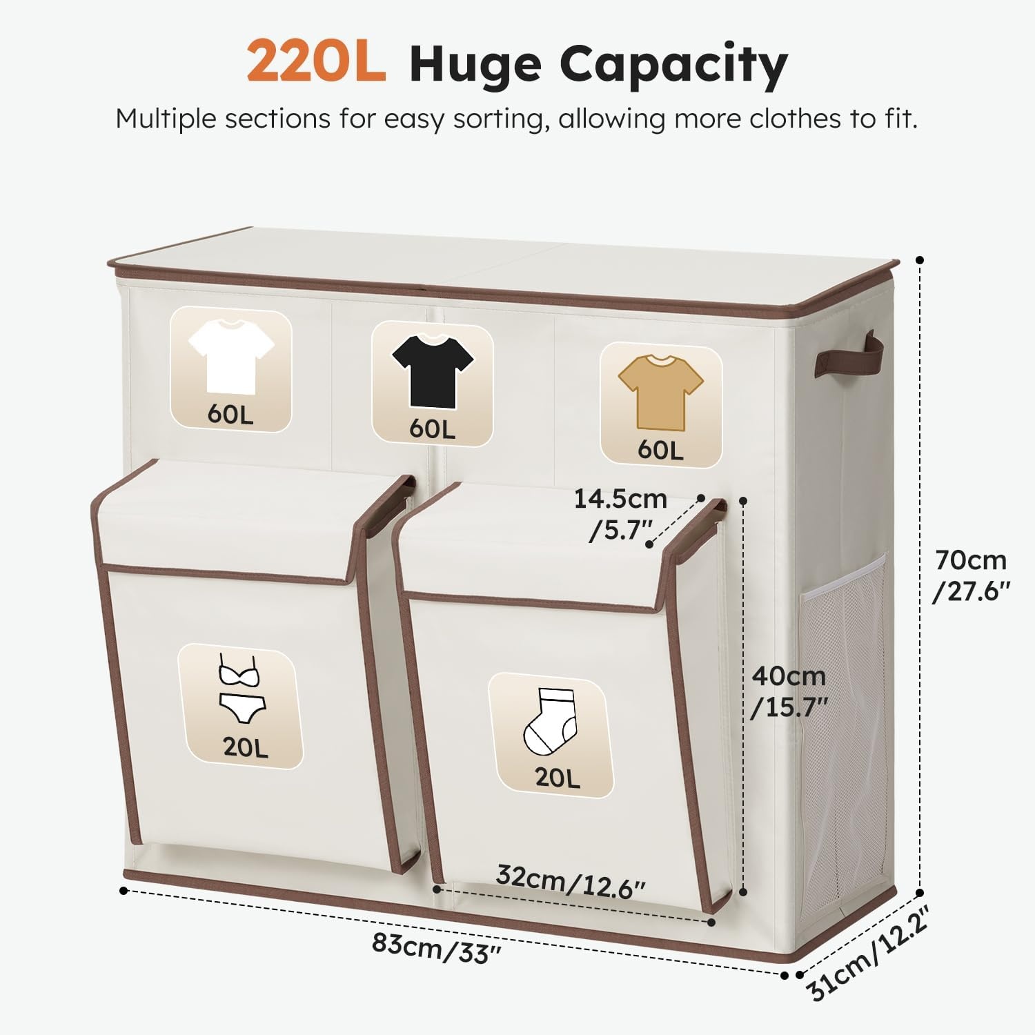 image:imageSOLEDI 220L Laundry Hamper 3 SectionExtra Large Laundry Basket with Lid and 2 Side Pockets Dirty Clothes Hamper with Removable Bag Easy to Carry for Laundry Room Bedroom Bathroom BlackWhite