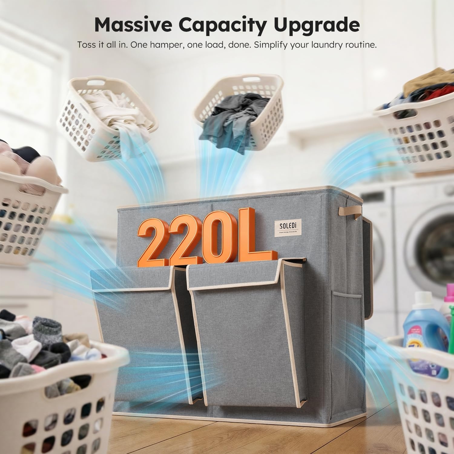 image:imageSOLEDI 220L Laundry Hamper 3 SectionExtra Large Laundry Basket with Lid and 2 Side Pockets Dirty Clothes Hamper with Removable Bag Easy to Carry for Laundry Room Bedroom Bathroom BlackGrey