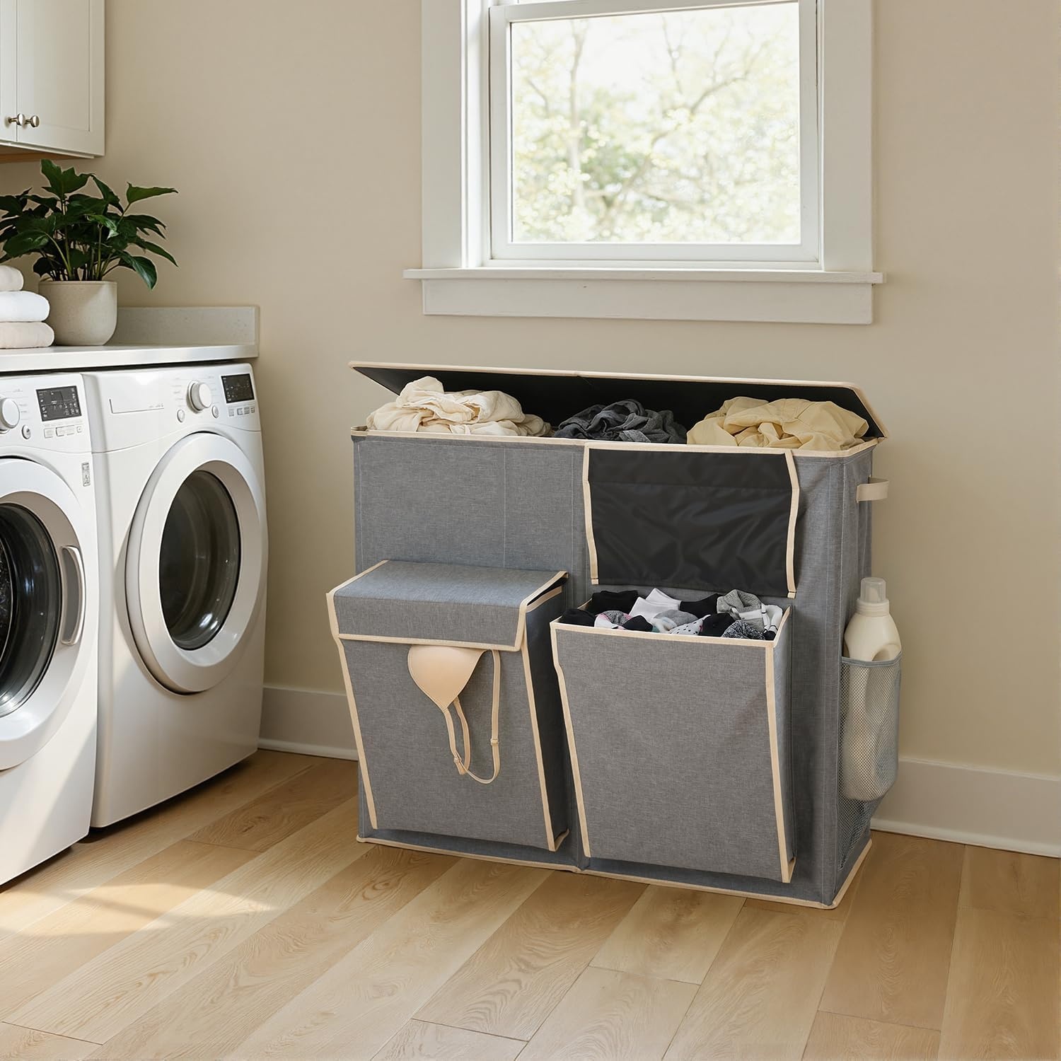 image:imageSOLEDI 220L Laundry Hamper 3 SectionExtra Large Laundry Basket with Lid and 2 Side Pockets Dirty Clothes Hamper with Removable Bag Easy to Carry for Laundry Room Bedroom Bathroom BlackGrey