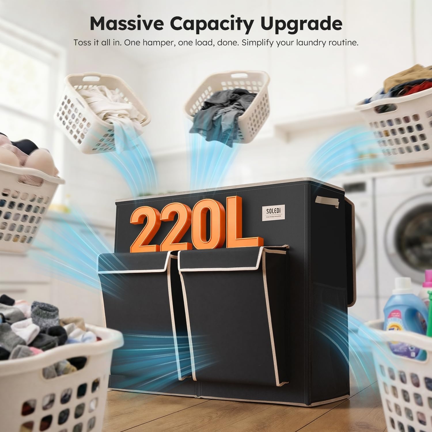 image:imageSOLEDI 220L Laundry Hamper 3 SectionExtra Large Laundry Basket with Lid and 2 Side Pockets Dirty Clothes Hamper with Removable Bag Easy to Carry for Laundry Room Bedroom Bathroom BlackBlack
