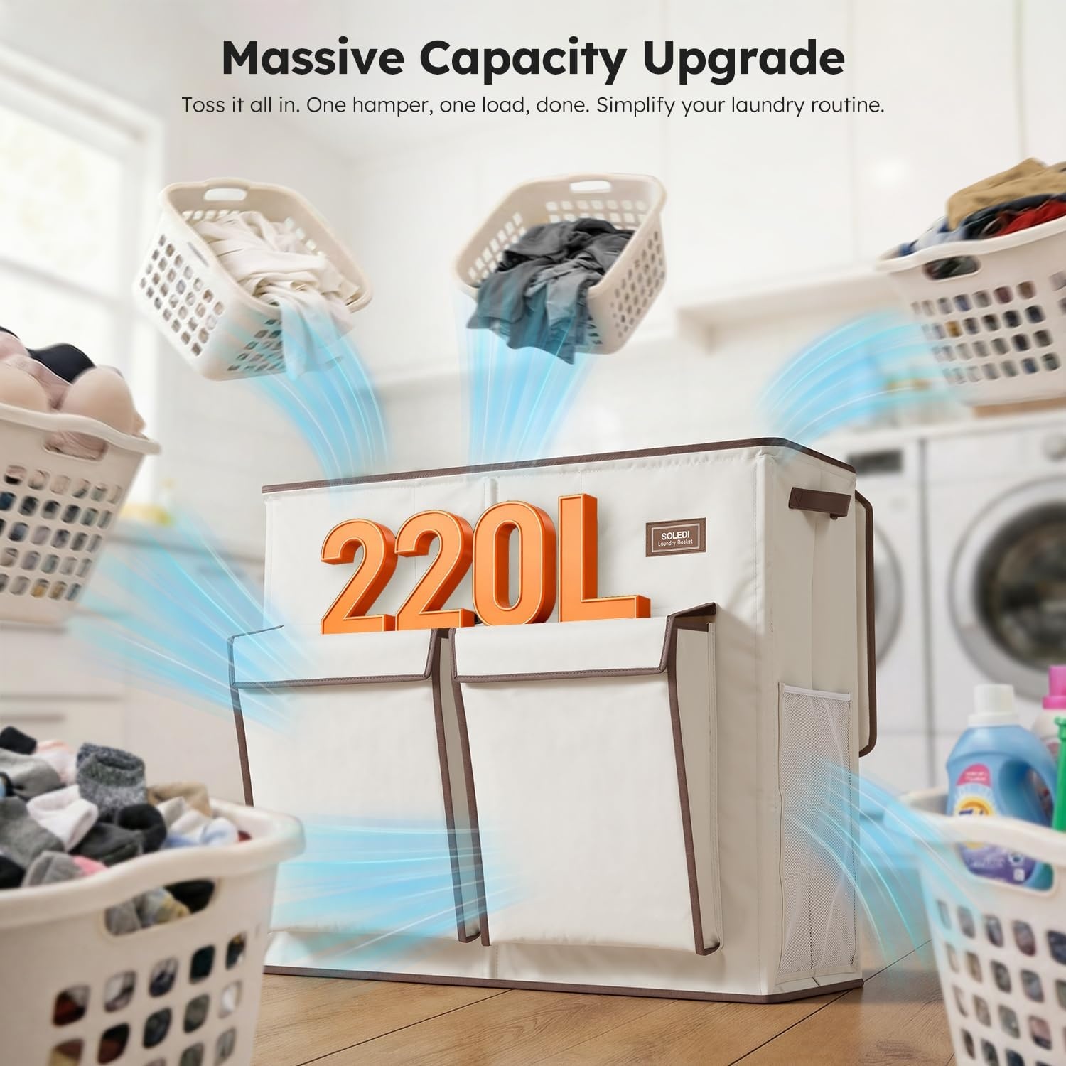 image:imageSOLEDI 220L Laundry Hamper 3 SectionExtra Large Laundry Basket with Lid and 2 Side Pockets Dirty Clothes Hamper with Removable Bag Easy to Carry for Laundry Room Bedroom Bathroom BlackWhite