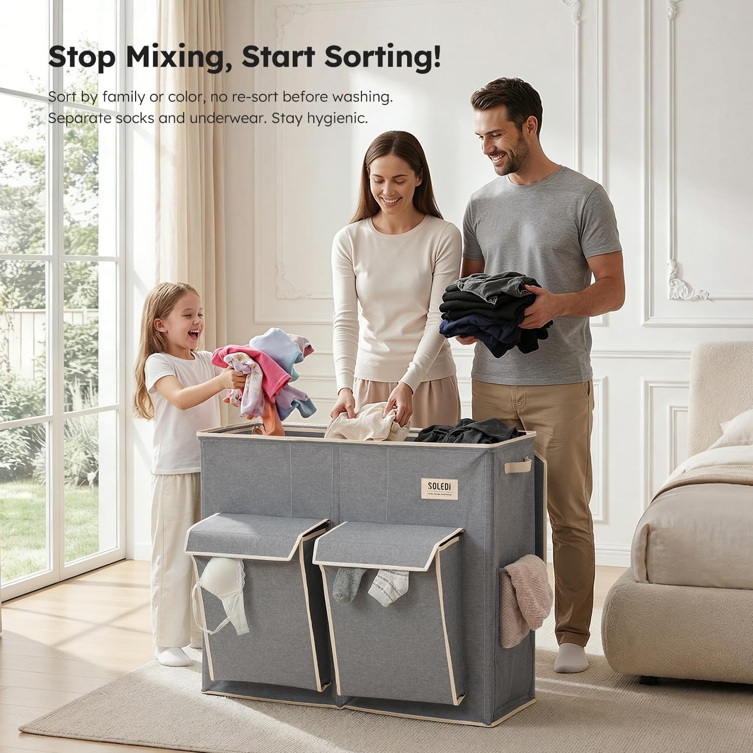 image:imageSOLEDI 220L Laundry Hamper 3 SectionExtra Large Laundry Basket with Lid and 2 Side Pockets Dirty Clothes Hamper with Removable Bag Easy to Carry for Laundry Room Bedroom Bathroom BlackGrey