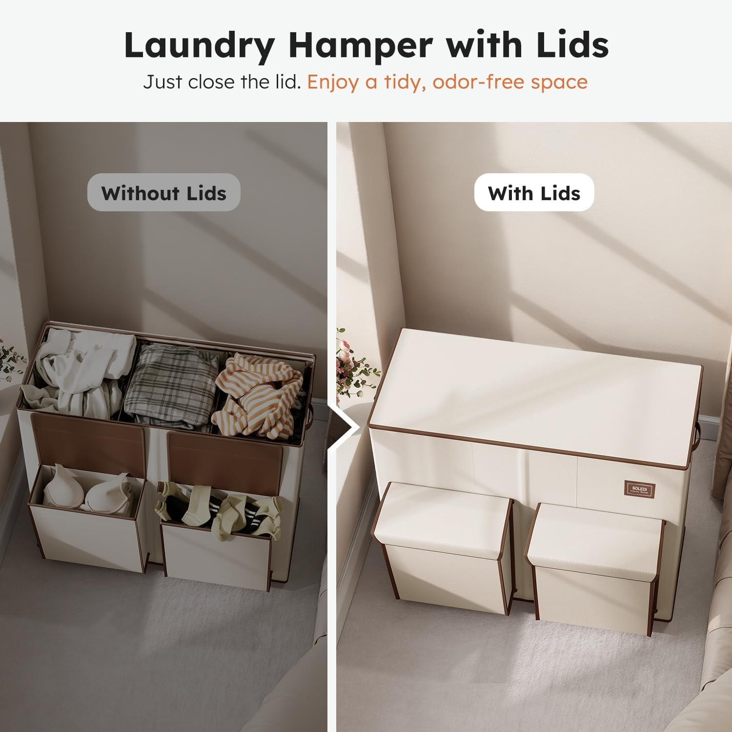image:imageSOLEDI 220L Laundry Hamper 3 SectionExtra Large Laundry Basket with Lid and 2 Side Pockets Dirty Clothes Hamper with Removable Bag Easy to Carry for Laundry Room Bedroom Bathroom BlackWhite
