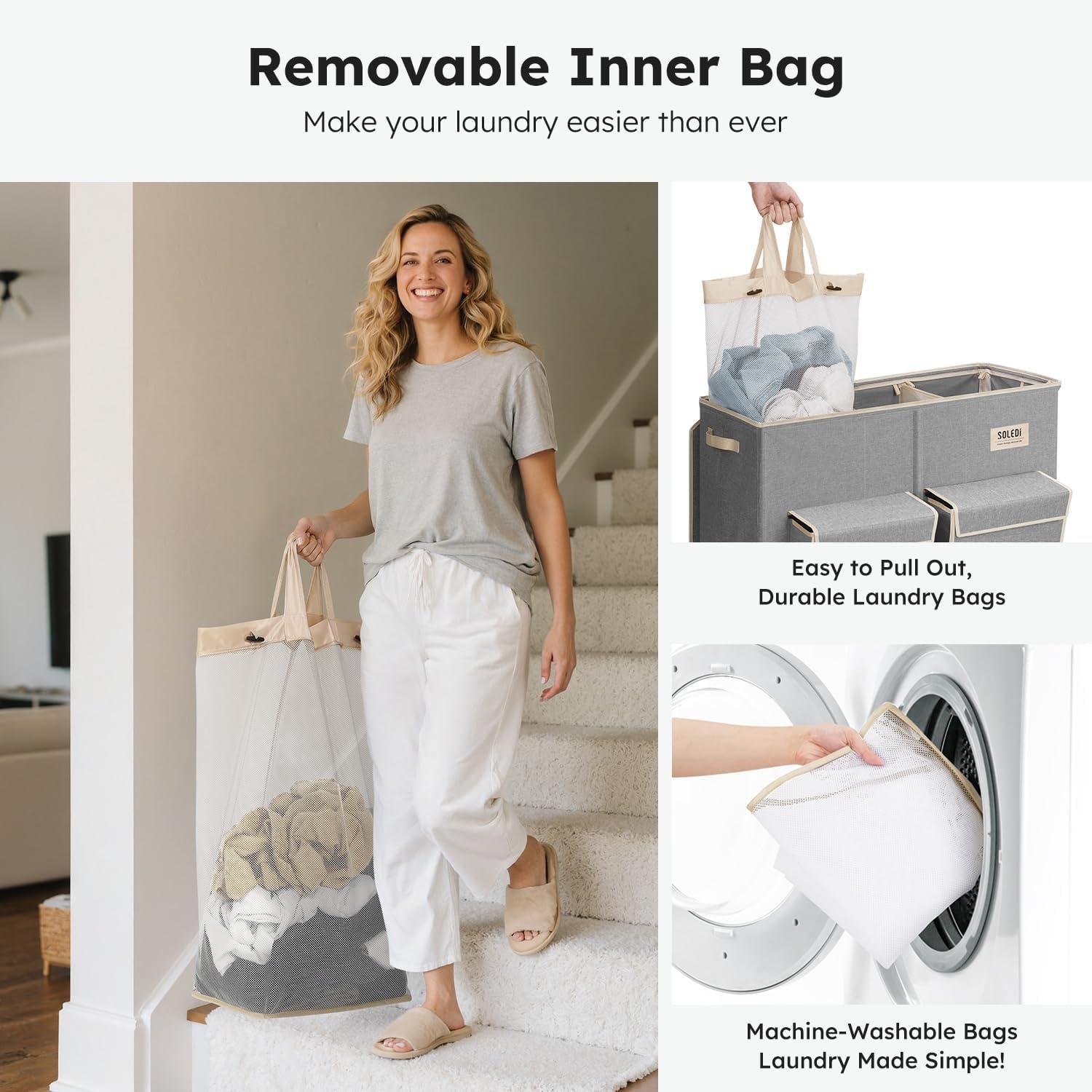 image:imageSOLEDI 220L Laundry Hamper 3 SectionExtra Large Laundry Basket with Lid and 2 Side Pockets Dirty Clothes Hamper with Removable Bag Easy to Carry for Laundry Room Bedroom Bathroom BlackGrey