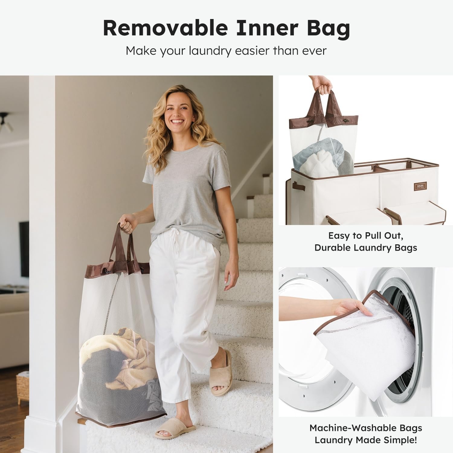 image:imageSOLEDI 220L Laundry Hamper 3 SectionExtra Large Laundry Basket with Lid and 2 Side Pockets Dirty Clothes Hamper with Removable Bag Easy to Carry for Laundry Room Bedroom Bathroom BlackWhite