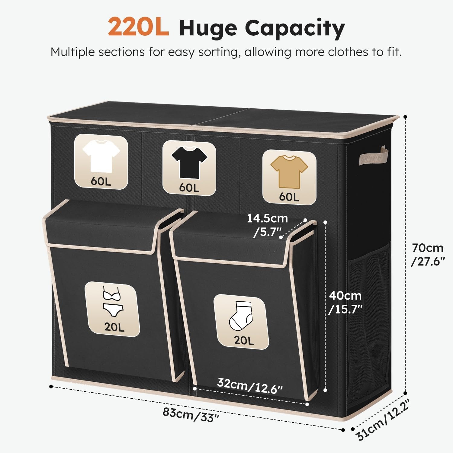 image:imageSOLEDI 220L Laundry Hamper 3 SectionExtra Large Laundry Basket with Lid and 2 Side Pockets Dirty Clothes Hamper with Removable Bag Easy to Carry for Laundry Room Bedroom Bathroom BlackBlack