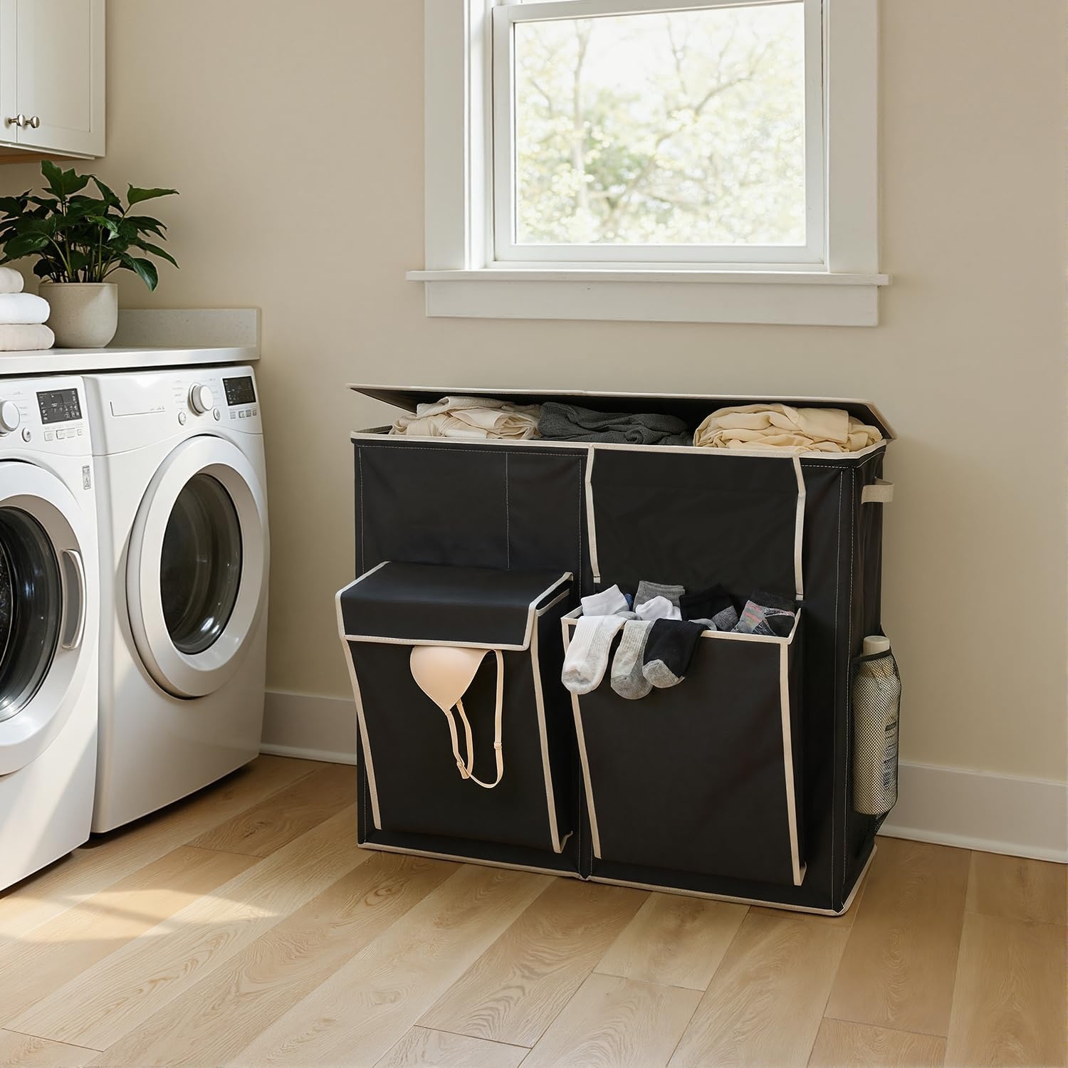 image:imageSOLEDI 220L Laundry Hamper 3 SectionExtra Large Laundry Basket with Lid and 2 Side Pockets Dirty Clothes Hamper with Removable Bag Easy to Carry for Laundry Room Bedroom Bathroom BlackBlack
