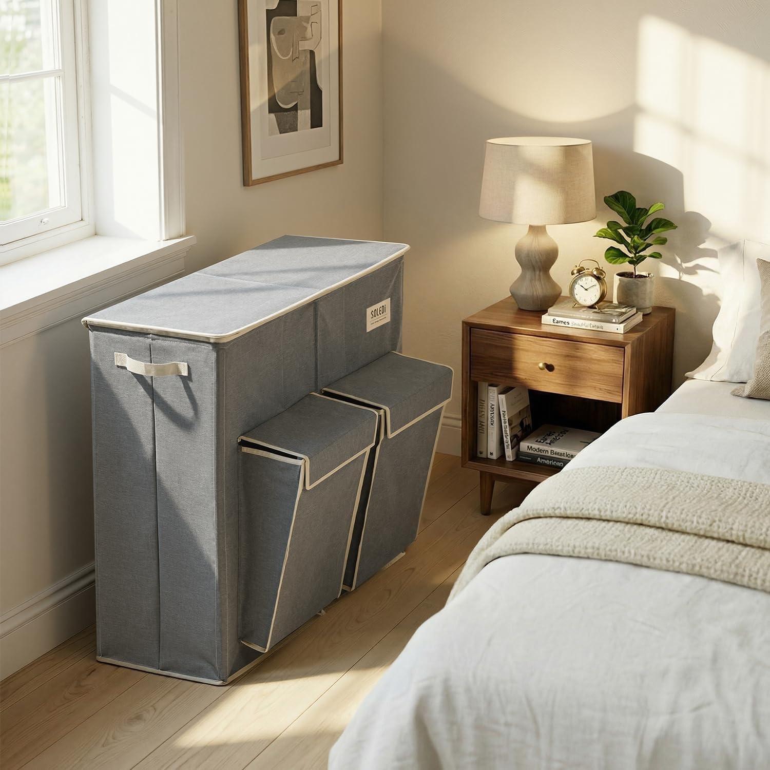 image:imageSOLEDI 220L Laundry Hamper 3 SectionExtra Large Laundry Basket with Lid and 2 Side Pockets Dirty Clothes Hamper with Removable Bag Easy to Carry for Laundry Room Bedroom Bathroom BlackGrey