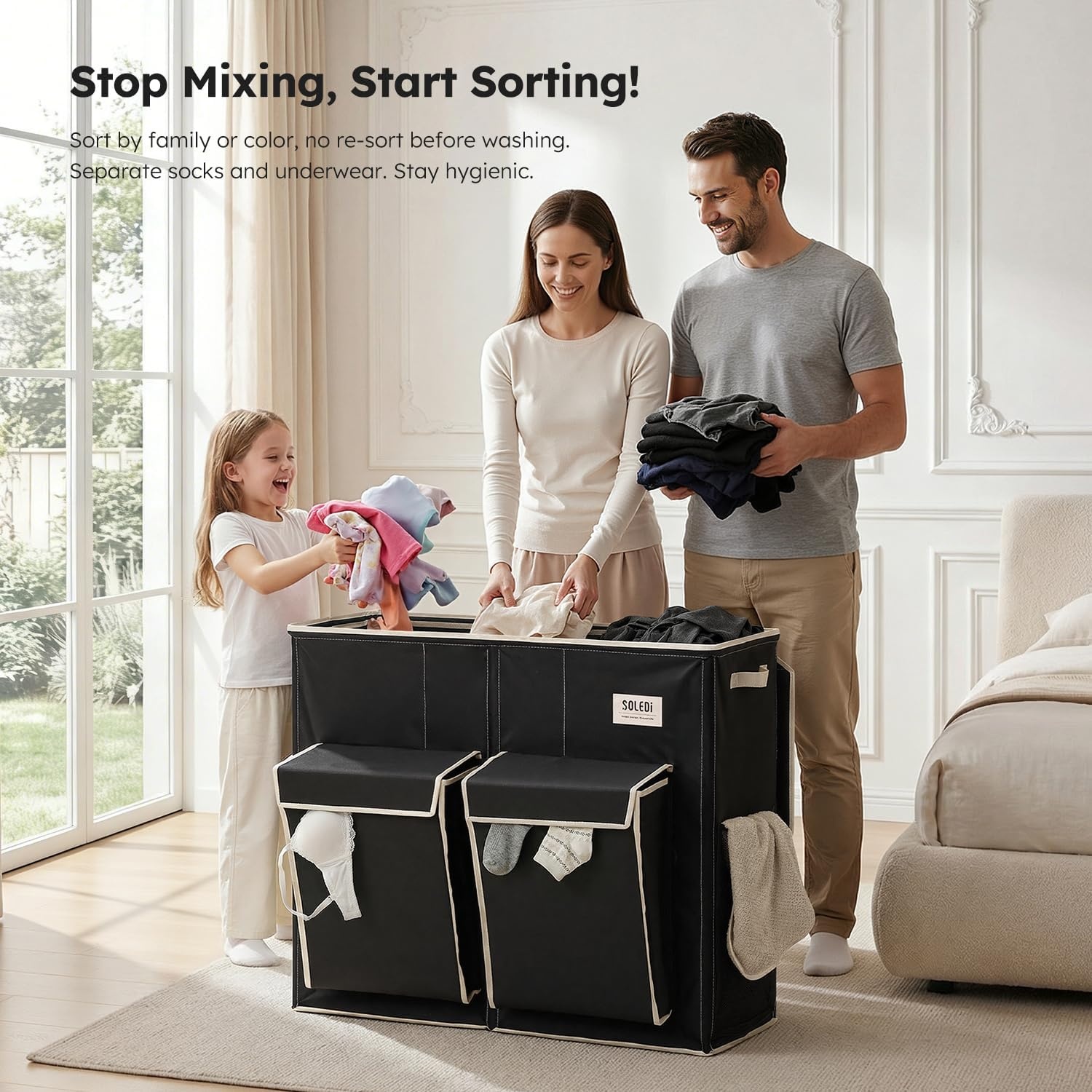 image:imageSOLEDI 220L Laundry Hamper 3 SectionExtra Large Laundry Basket with Lid and 2 Side Pockets Dirty Clothes Hamper with Removable Bag Easy to Carry for Laundry Room Bedroom Bathroom BlackBlack