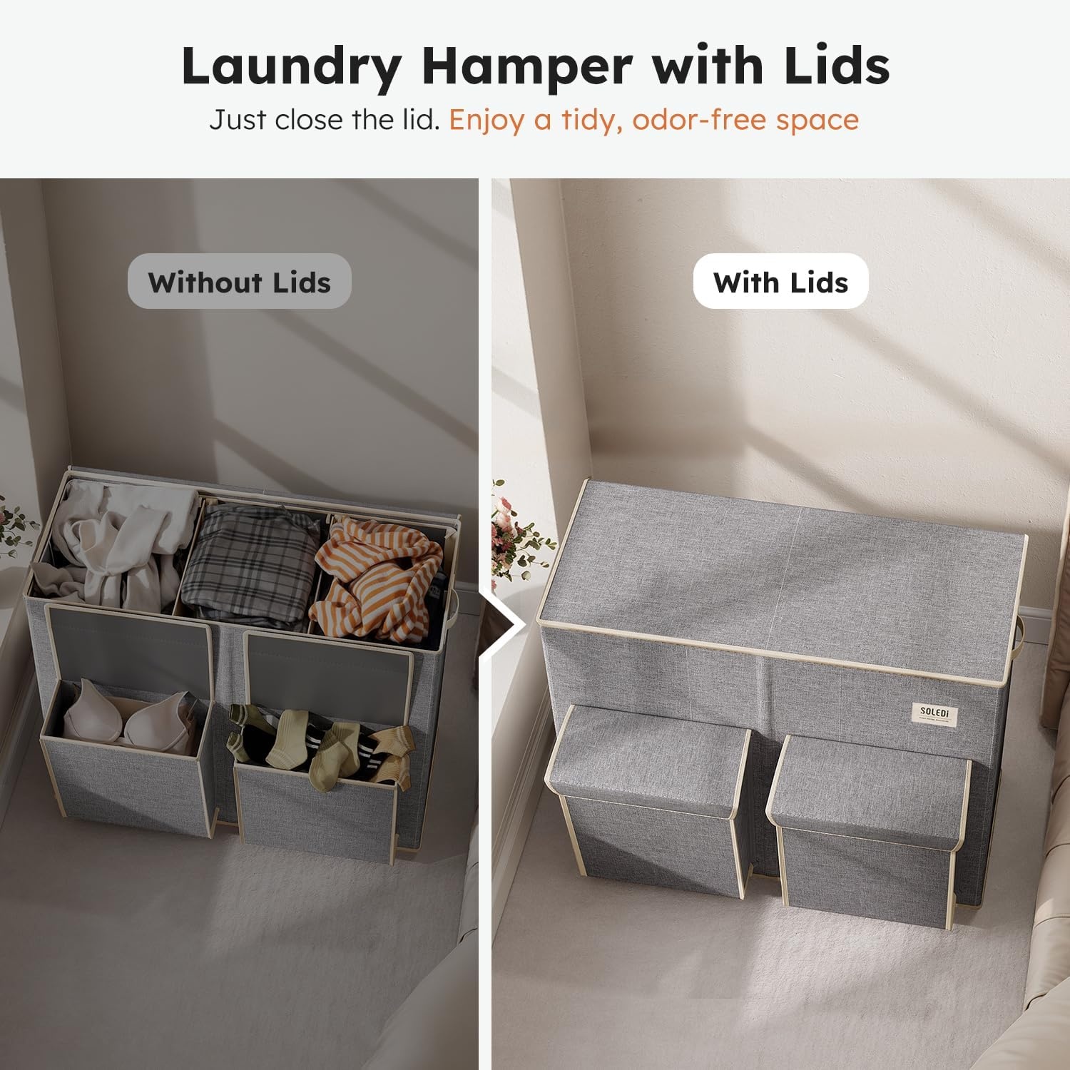 image:imageSOLEDI 220L Laundry Hamper 3 SectionExtra Large Laundry Basket with Lid and 2 Side Pockets Dirty Clothes Hamper with Removable Bag Easy to Carry for Laundry Room Bedroom Bathroom BlackGrey