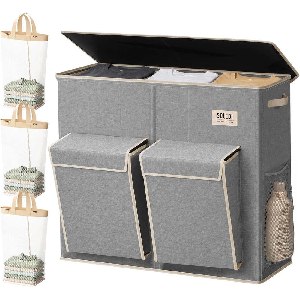 image:imageSOLEDI 220L Laundry Hamper 3 SectionExtra Large Laundry Basket with Lid and 2 Side Pockets Dirty Clothes Hamper with Removable Bag Easy to Carry for Laundry Room Bedroom Bathroom BlackGrey