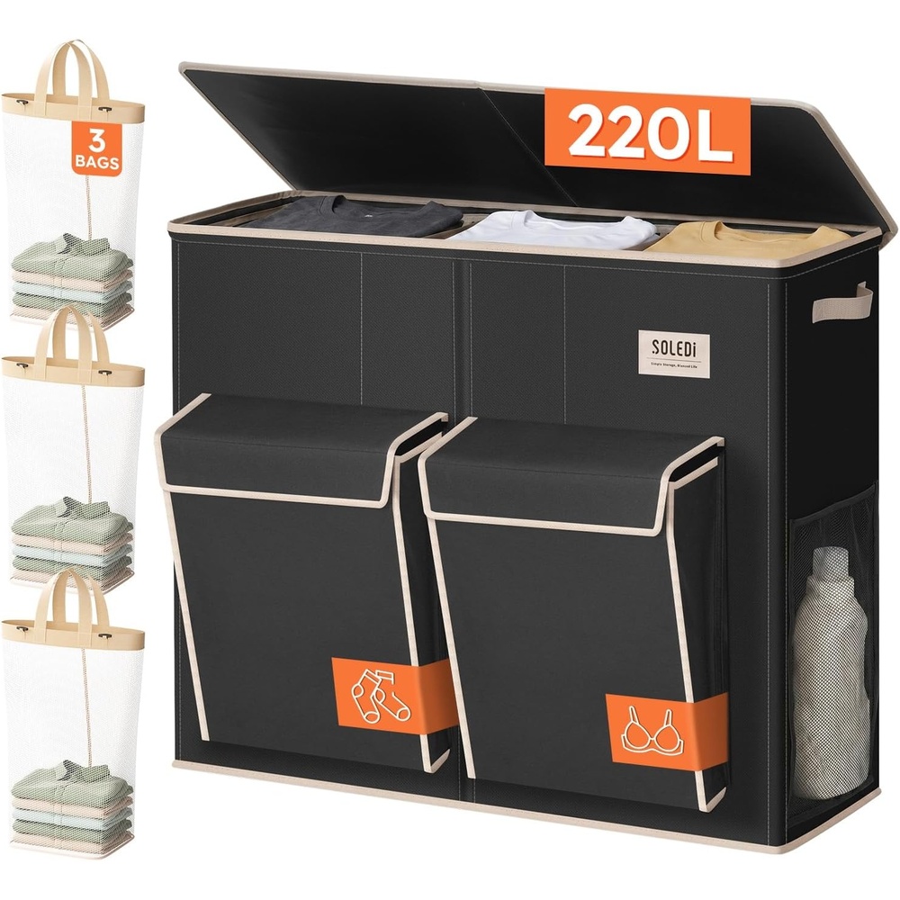 image:imageSOLEDI 220L Laundry Hamper 3 SectionExtra Large Laundry Basket with Lid and 2 Side Pockets Dirty Clothes Hamper with Removable Bag Easy to Carry for Laundry Room Bedroom Bathroom BlackBlack