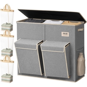 SOLEDI 220L Laundry Hamper 3 Section,Extra Large Laundry Basket with Lid and 2 Side Pockets, Dirty Clothes Hamper with Removable Bag Easy to Carry for Laundry Room, Bedroom, Bathroom, Black(Grey)