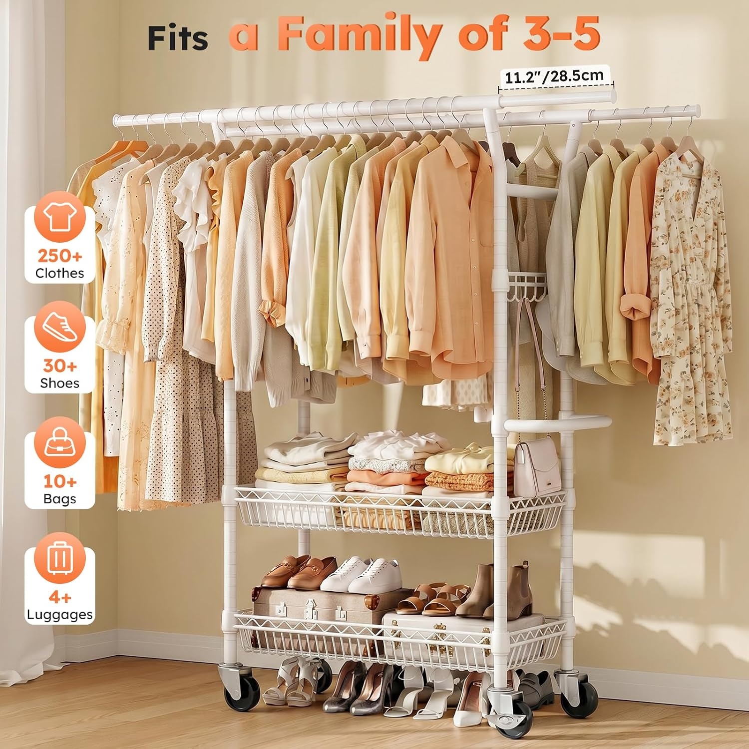 image:imageSOLEDI HeavyDuty Clothes Rack 1000 LBS clothing rack with wheels Load Capacity Double Rod Clothing Rack with Shelves amp Lockable Wheels Suitable for Bedroom Entryway Living Room amp Garage blackWhite
