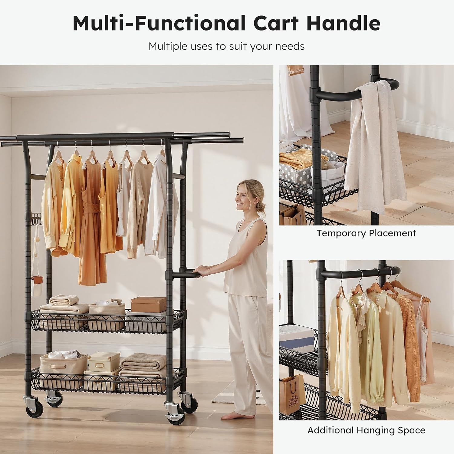 image:imageSOLEDI HeavyDuty Clothes Rack 1000 LBS clothing rack with wheels Load Capacity Double Rod Clothing Rack with Shelves amp Lockable Wheels Suitable for Bedroom Entryway Living Room amp Garage blackBlack