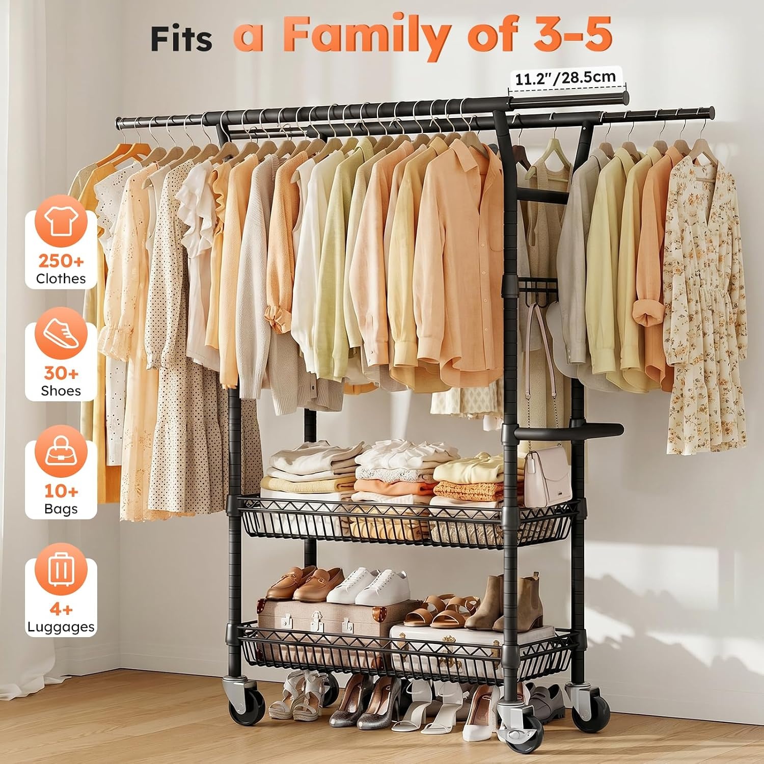 image:imageSOLEDI HeavyDuty Clothes Rack 1000 LBS clothing rack with wheels Load Capacity Double Rod Clothing Rack with Shelves amp Lockable Wheels Suitable for Bedroom Entryway Living Room amp Garage blackBlack