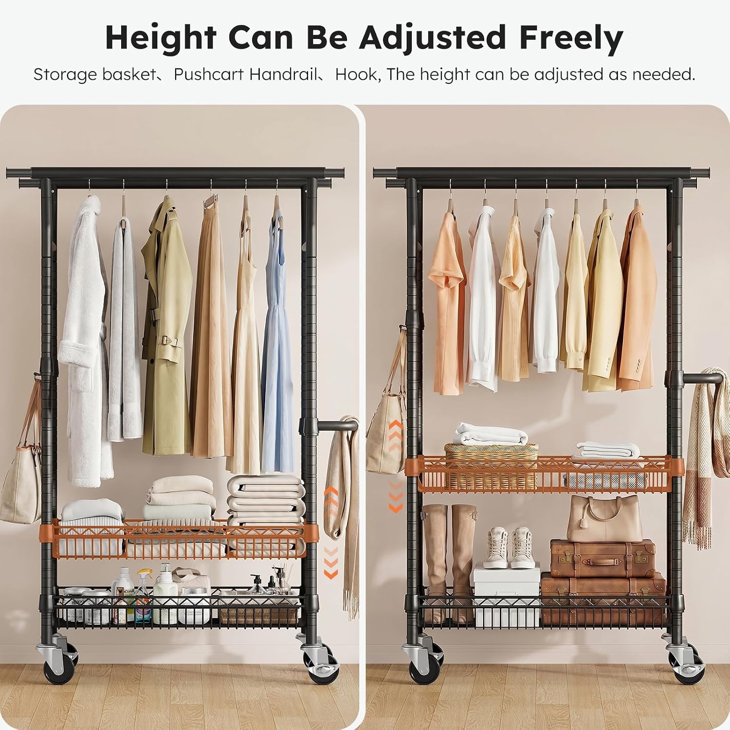 image:imageSOLEDI HeavyDuty Clothes Rack 1000 LBS clothing rack with wheels Load Capacity Double Rod Clothing Rack with Shelves amp Lockable Wheels Suitable for Bedroom Entryway Living Room amp Garage blackBlack