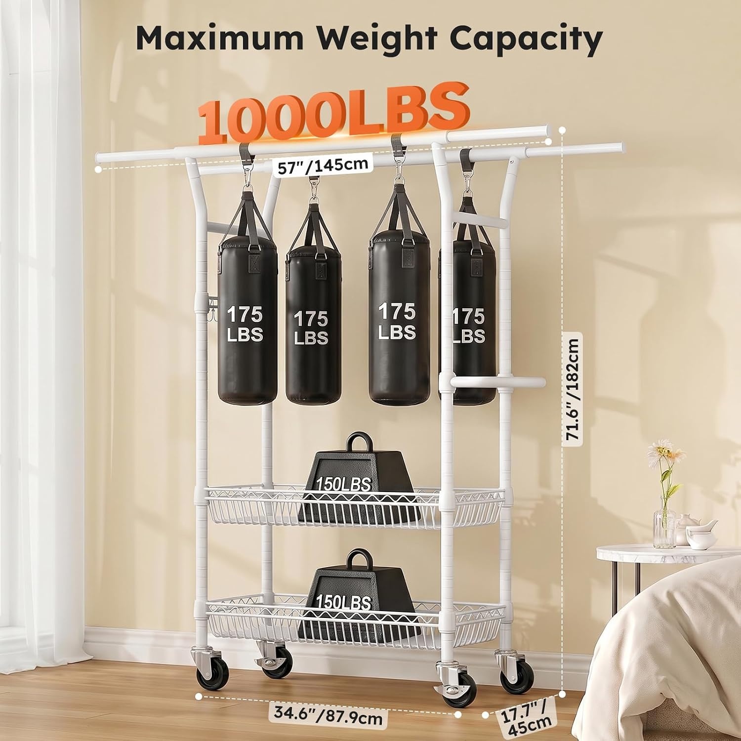 image:imageSOLEDI HeavyDuty Clothes Rack 1000 LBS clothing rack with wheels Load Capacity Double Rod Clothing Rack with Shelves amp Lockable Wheels Suitable for Bedroom Entryway Living Room amp Garage blackWhite