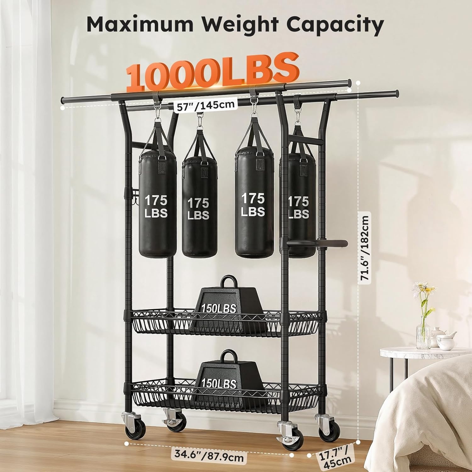 image:imageSOLEDI HeavyDuty Clothes Rack 1000 LBS clothing rack with wheels Load Capacity Double Rod Clothing Rack with Shelves amp Lockable Wheels Suitable for Bedroom Entryway Living Room amp Garage blackBlack