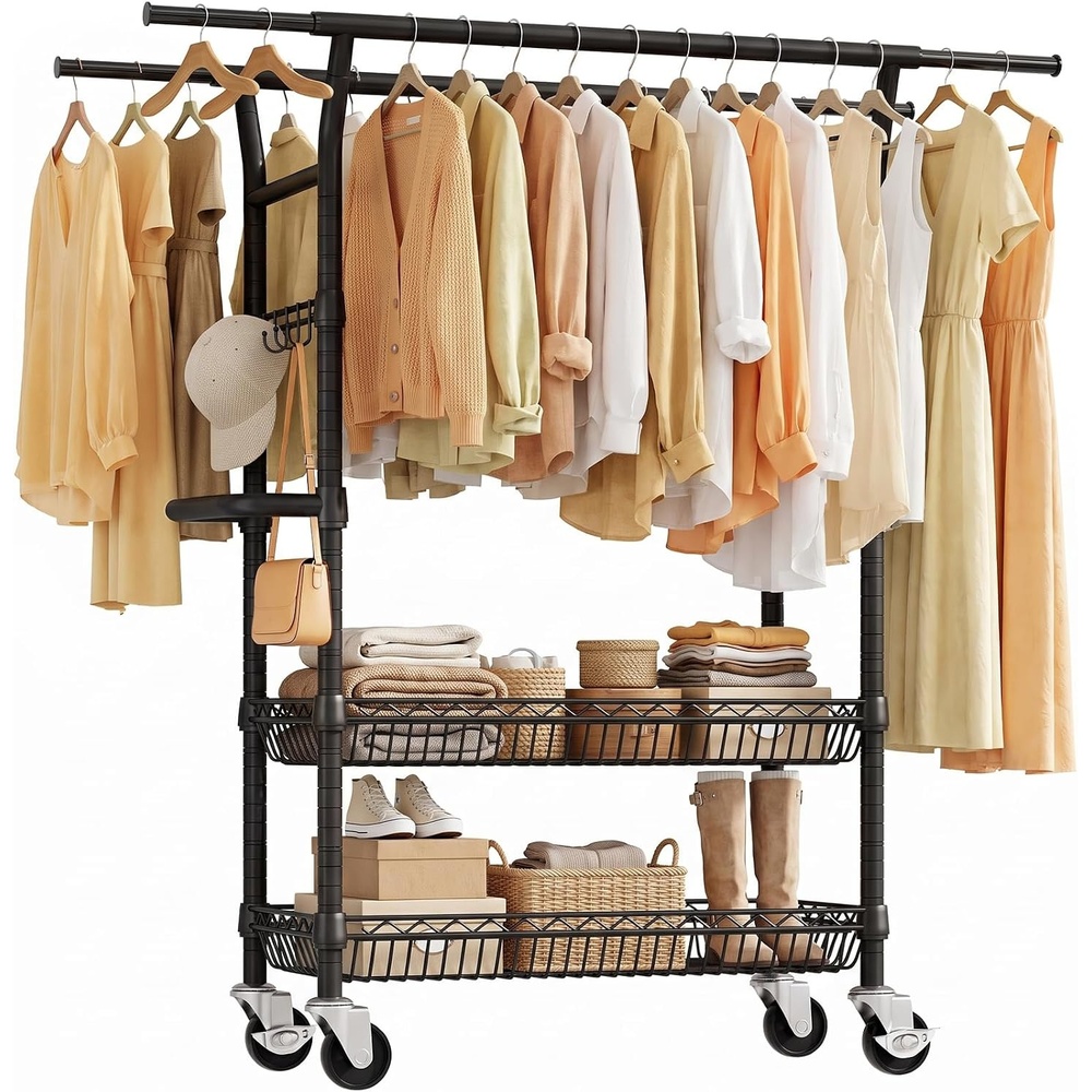 image:imageSOLEDI HeavyDuty Clothes Rack 1000 LBS clothing rack with wheels Load Capacity Double Rod Clothing Rack with Shelves amp Lockable Wheels Suitable for Bedroom Entryway Living Room amp Garage blackBlack