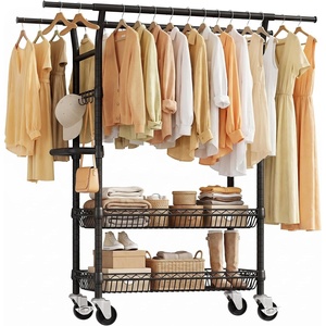 SOLEDI Heavy-Duty Clothes Rack, 1000 LBS clothing rack with wheels Load Capacity Double Rod Clothing Rack with Shelves & Lockable Wheels, Suitable for Bedroom, Entryway, Living Room & Garage (black)(Black)