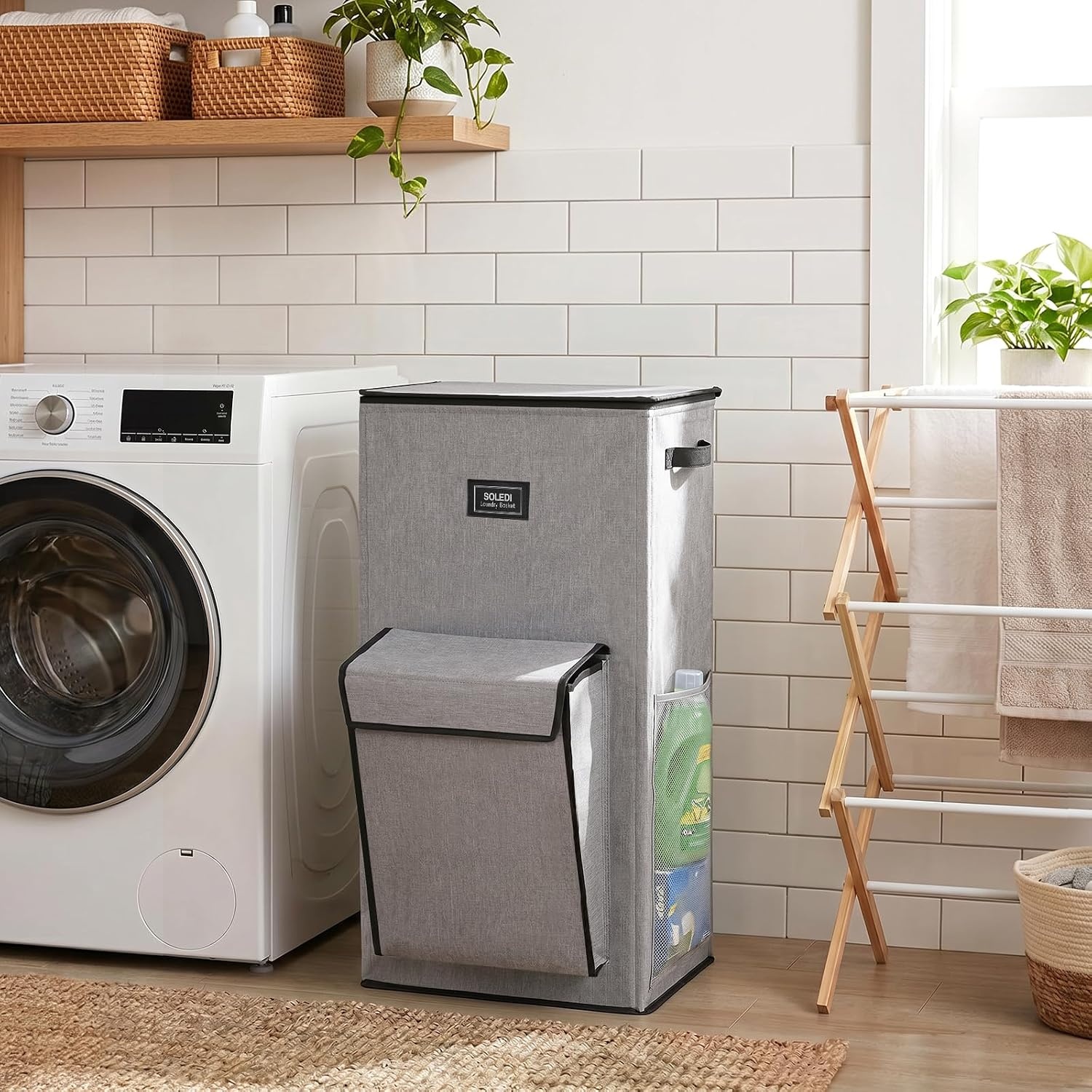 image:imageSOLEDI 120L Tall Laundry Hamper with Lid amp Delicates Compartment Clothes Hamper with Removable Liner Bag Dirty Clothes Basket for Bedroom Bathroom Dorm Apartment Grey Large Capacity Hamper with Lid Firm amp Stable Removable Liner Dirty Clothes Basket for Bedroom Bathroom Dorm ApartmentGrey
