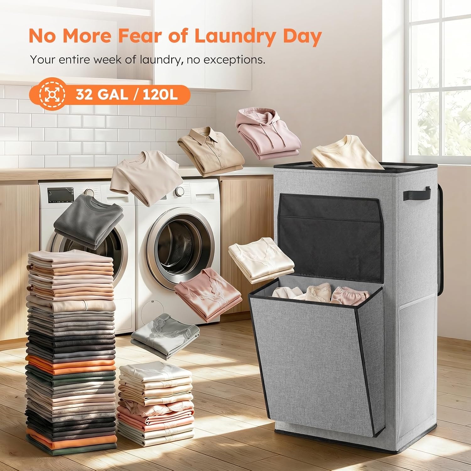 image:imageSOLEDI 120L Tall Laundry Hamper with Lid amp Delicates Compartment Clothes Hamper with Removable Liner Bag Dirty Clothes Basket for Bedroom Bathroom Dorm Apartment Grey Large Capacity Hamper with Lid Firm amp Stable Removable Liner Dirty Clothes Basket for Bedroom Bathroom Dorm ApartmentGrey