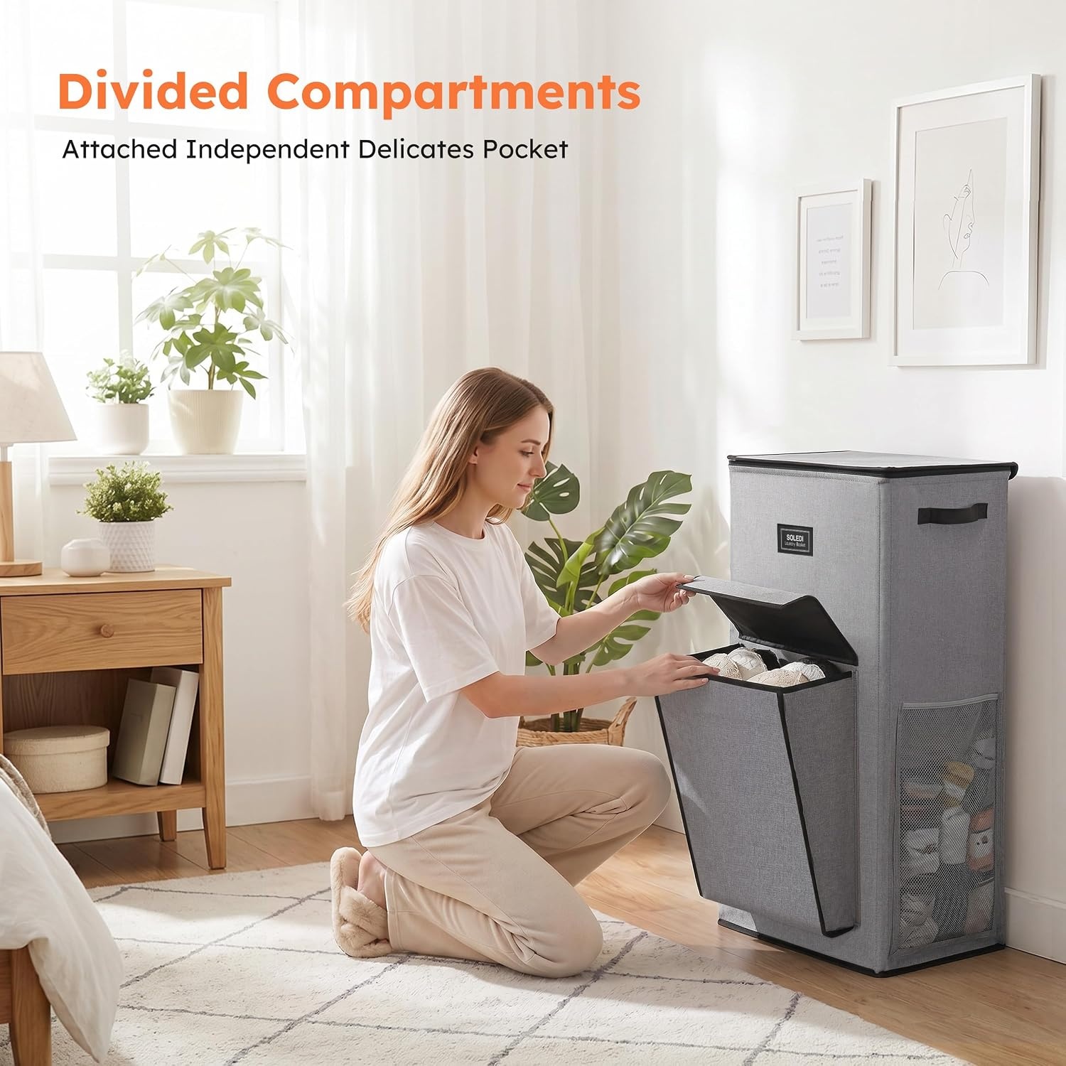 image:imageSOLEDI 120L Tall Laundry Hamper with Lid amp Delicates Compartment Clothes Hamper with Removable Liner Bag Dirty Clothes Basket for Bedroom Bathroom Dorm Apartment Grey Large Capacity Hamper with Lid Firm amp Stable Removable Liner Dirty Clothes Basket for Bedroom Bathroom Dorm ApartmentGrey