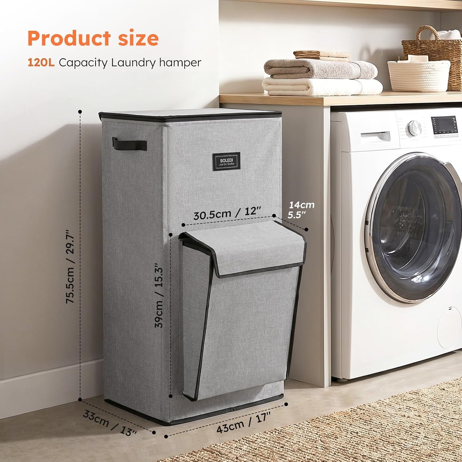image:imageSOLEDI 120L Tall Laundry Hamper with Lid amp Delicates Compartment Clothes Hamper with Removable Liner Bag Dirty Clothes Basket for Bedroom Bathroom Dorm Apartment Grey Large Capacity Hamper with Lid Firm amp Stable Removable Liner Dirty Clothes Basket for Bedroom Bathroom Dorm ApartmentGrey