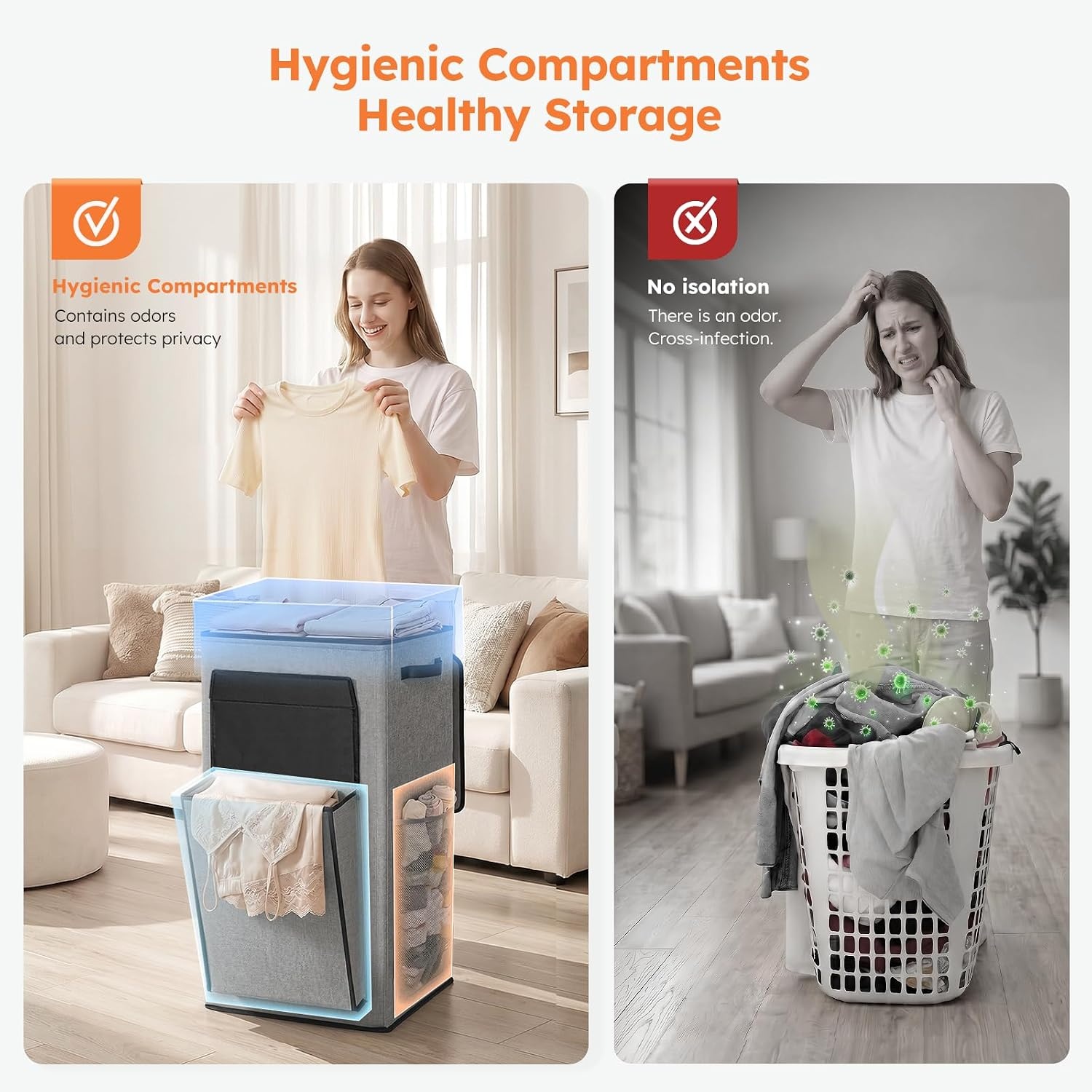 image:imageSOLEDI 120L Tall Laundry Hamper with Lid amp Delicates Compartment Clothes Hamper with Removable Liner Bag Dirty Clothes Basket for Bedroom Bathroom Dorm Apartment Grey Large Capacity Hamper with Lid Firm amp Stable Removable Liner Dirty Clothes Basket for Bedroom Bathroom Dorm ApartmentGrey