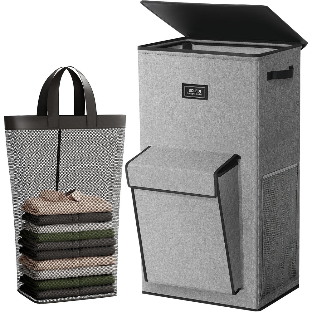 image:imageSOLEDI 120L Tall Laundry Hamper with Lid amp Delicates Compartment Clothes Hamper with Removable Liner Bag Dirty Clothes Basket for Bedroom Bathroom Dorm Apartment Grey  Large Capacity Hamper with Lid Firm amp Stable Removable Liner Dirty Clothes Basket for Bedroom Bathroom Dorm ApartmentGrey