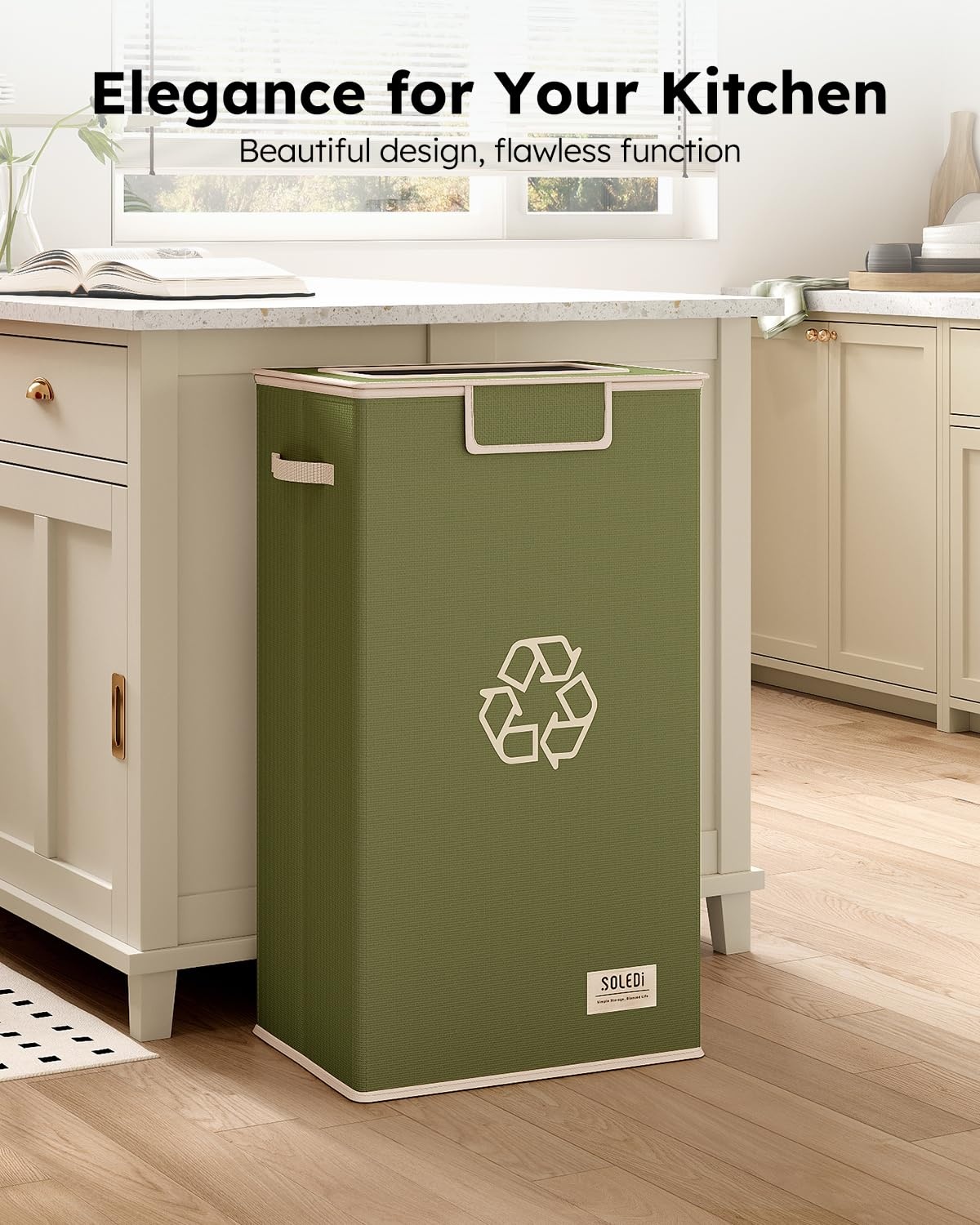 image:imageSOLEDI Recycling Bin for Kitchen26 Gallon Large Recycle Bin with Lid and 2 Removeable Reusable Inner BagsIndoor Recycling Trash Can for Collector of Bottles Cans and PlasticBeigeGreen