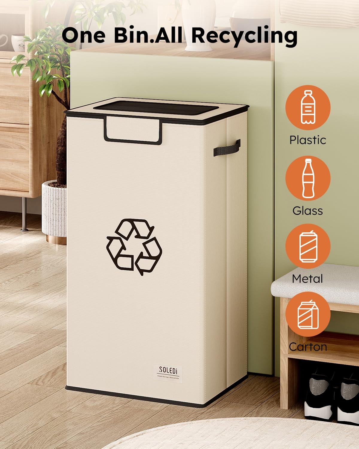 image:imageSOLEDI Recycling Bin for Kitchen26 Gallon Large Recycle Bin with Lid and 2 Removeable Reusable Inner BagsIndoor Recycling Trash Can for Collector of Bottles Cans and PlasticBeigeBeige