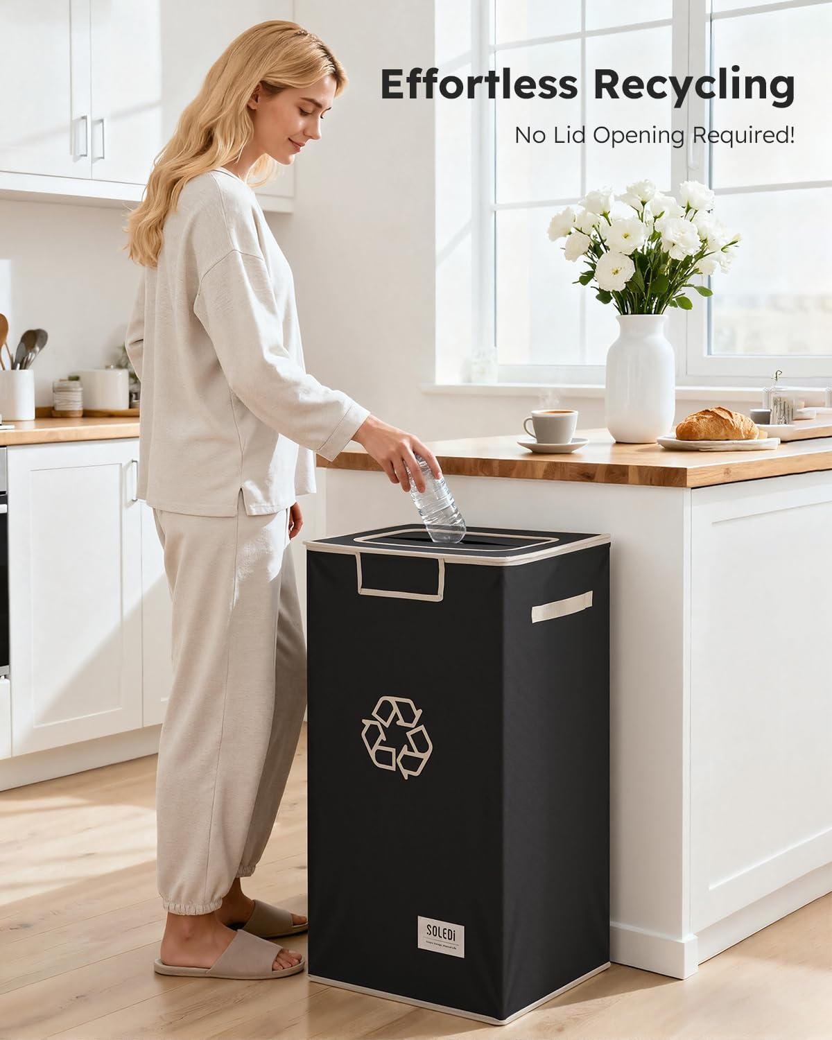 image:imageSOLEDI Recycling Bin for Kitchen26 Gallon Large Recycle Bin with Lid and 2 Removeable Reusable Inner BagsIndoor Recycling Trash Can for Collector of Bottles Cans and PlasticBeigeBlack