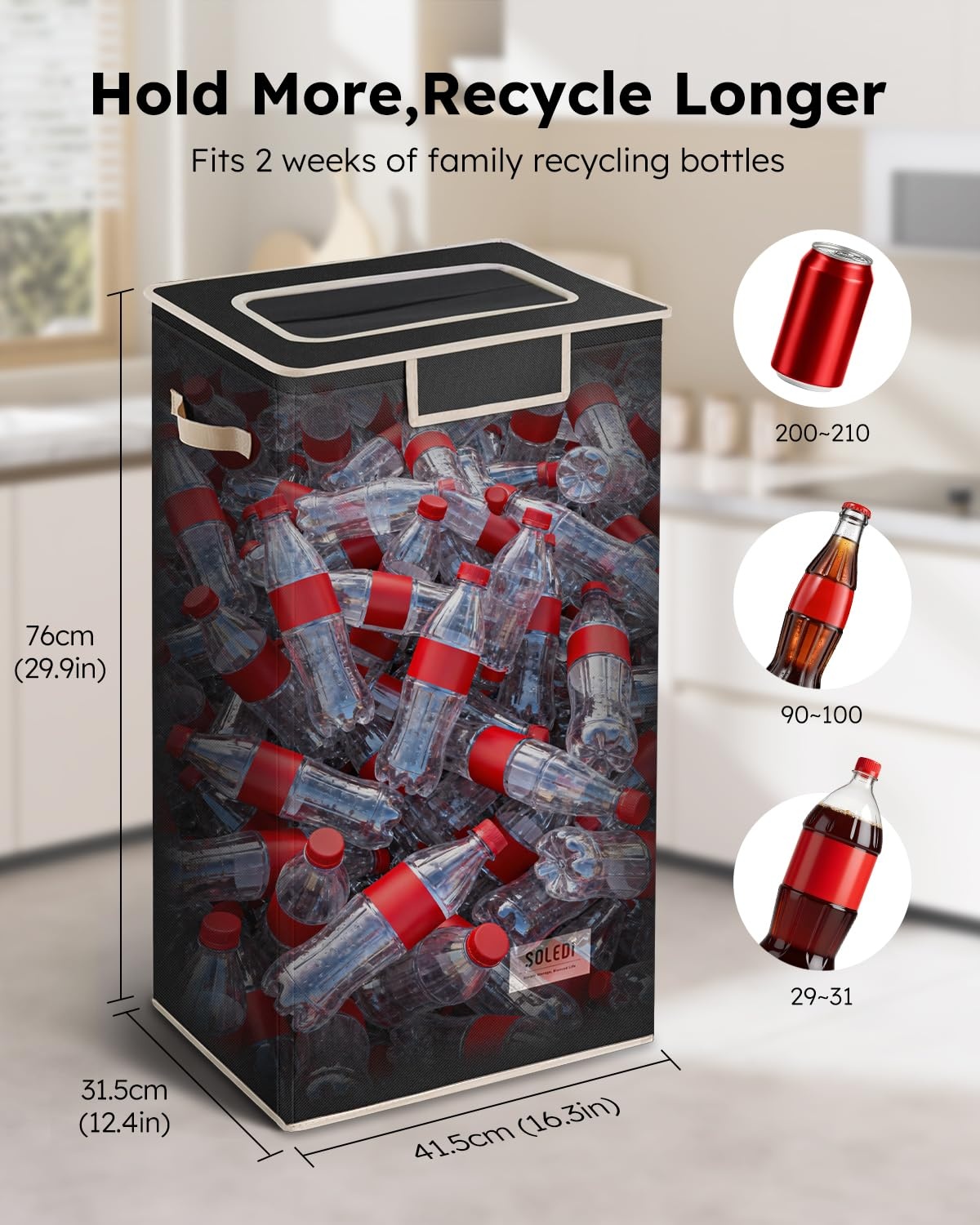 image:imageSOLEDI Recycling Bin for Kitchen26 Gallon Large Recycle Bin with Lid and 2 Removeable Reusable Inner BagsIndoor Recycling Trash Can for Collector of Bottles Cans and PlasticBeigeBlack