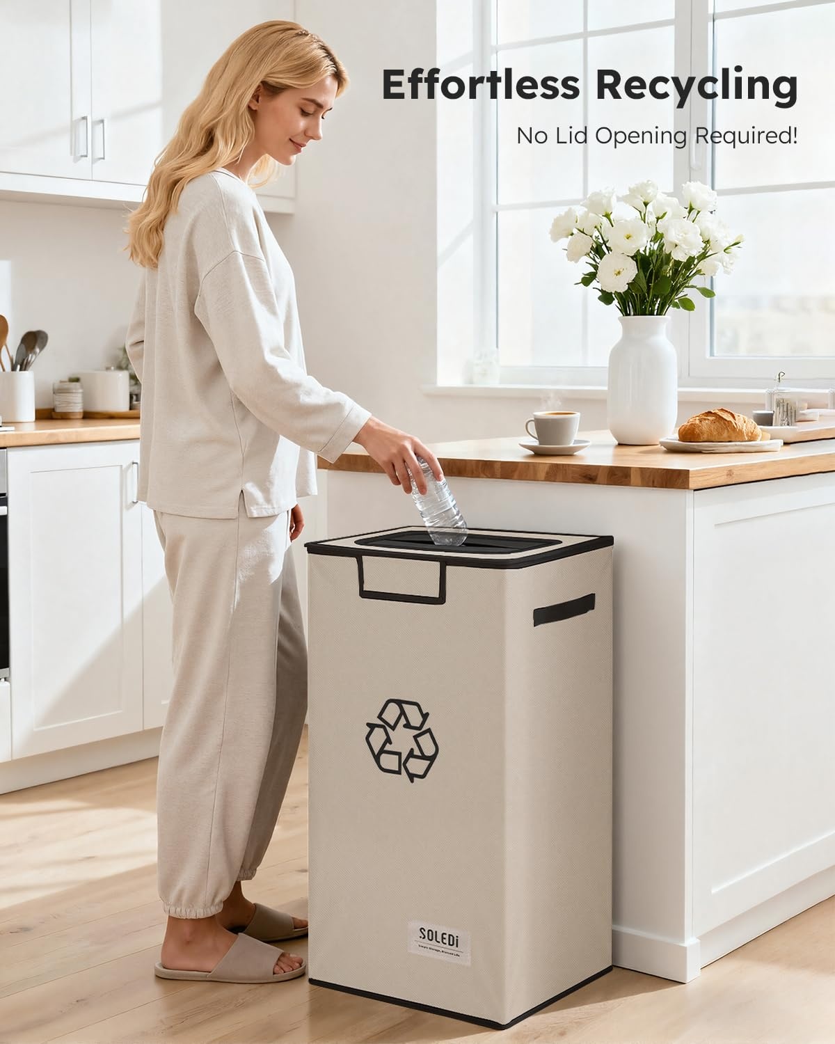 image:imageSOLEDI Recycling Bin for Kitchen26 Gallon Large Recycle Bin with Lid and 2 Removeable Reusable Inner BagsIndoor Recycling Trash Can for Collector of Bottles Cans and PlasticBeigeBeige