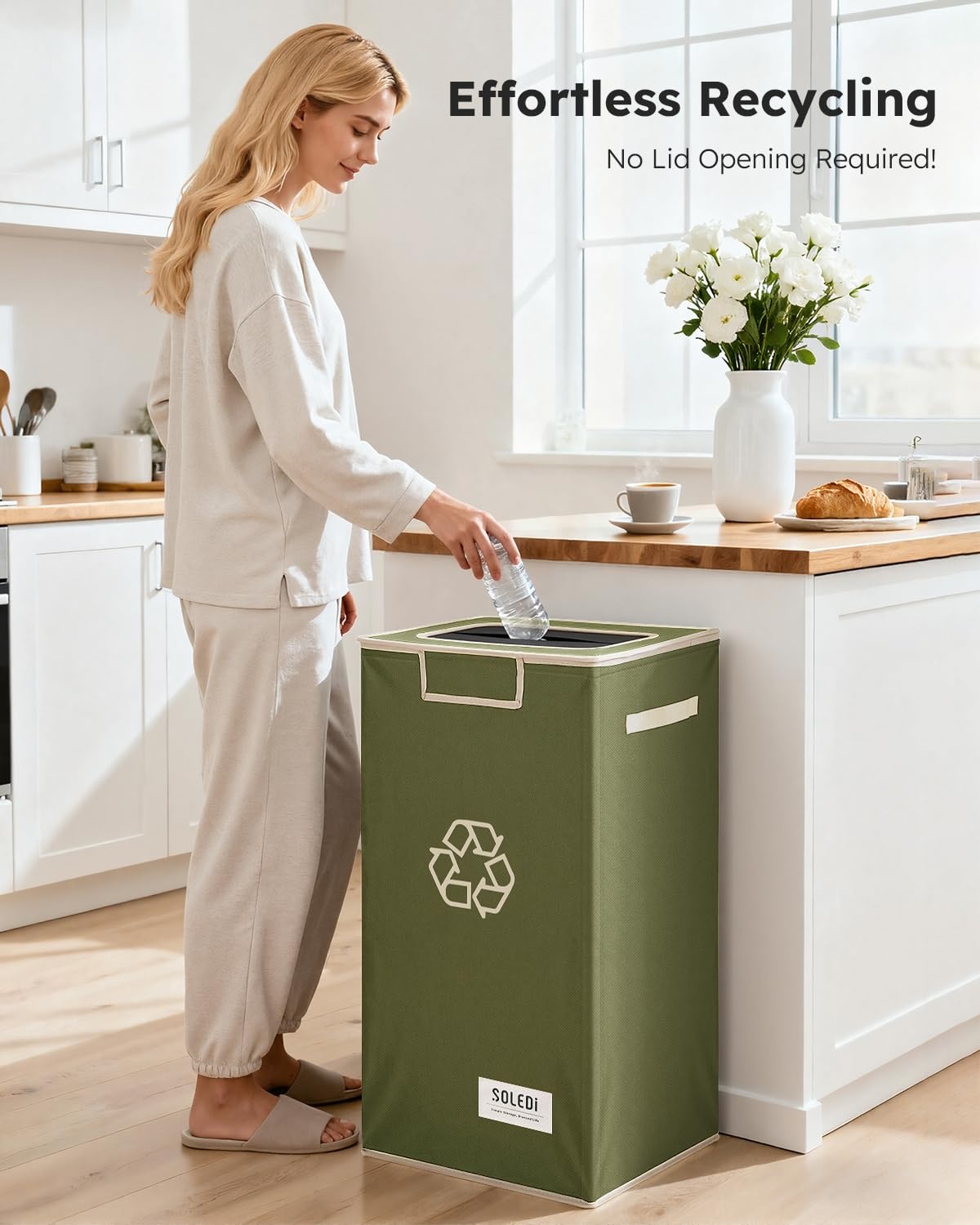 image:imageSOLEDI Recycling Bin for Kitchen26 Gallon Large Recycle Bin with Lid and 2 Removeable Reusable Inner BagsIndoor Recycling Trash Can for Collector of Bottles Cans and PlasticBeigeGreen