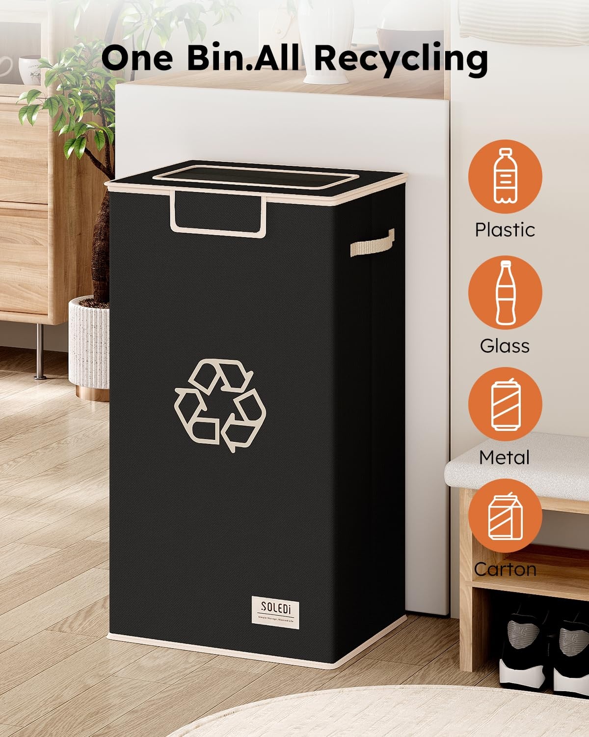 image:imageSOLEDI Recycling Bin for Kitchen26 Gallon Large Recycle Bin with Lid and 2 Removeable Reusable Inner BagsIndoor Recycling Trash Can for Collector of Bottles Cans and PlasticBeigeBlack