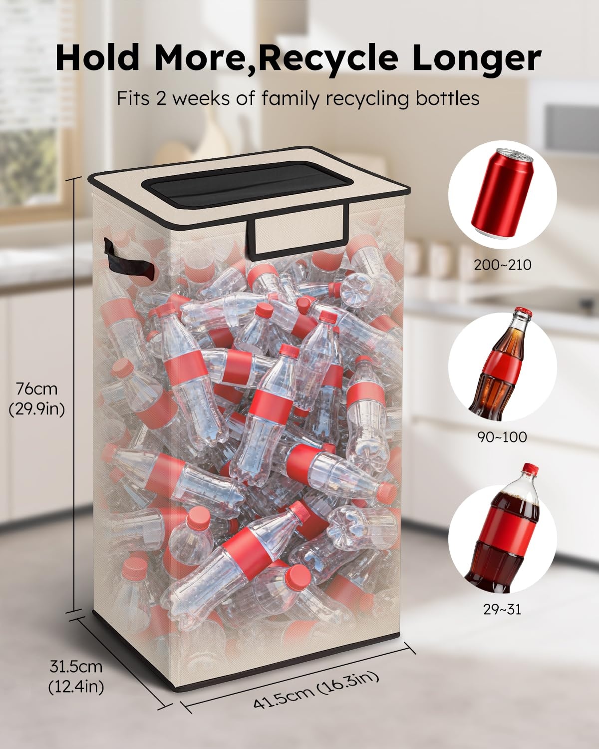 image:imageSOLEDI Recycling Bin for Kitchen26 Gallon Large Recycle Bin with Lid and 2 Removeable Reusable Inner BagsIndoor Recycling Trash Can for Collector of Bottles Cans and PlasticBeigeBeige