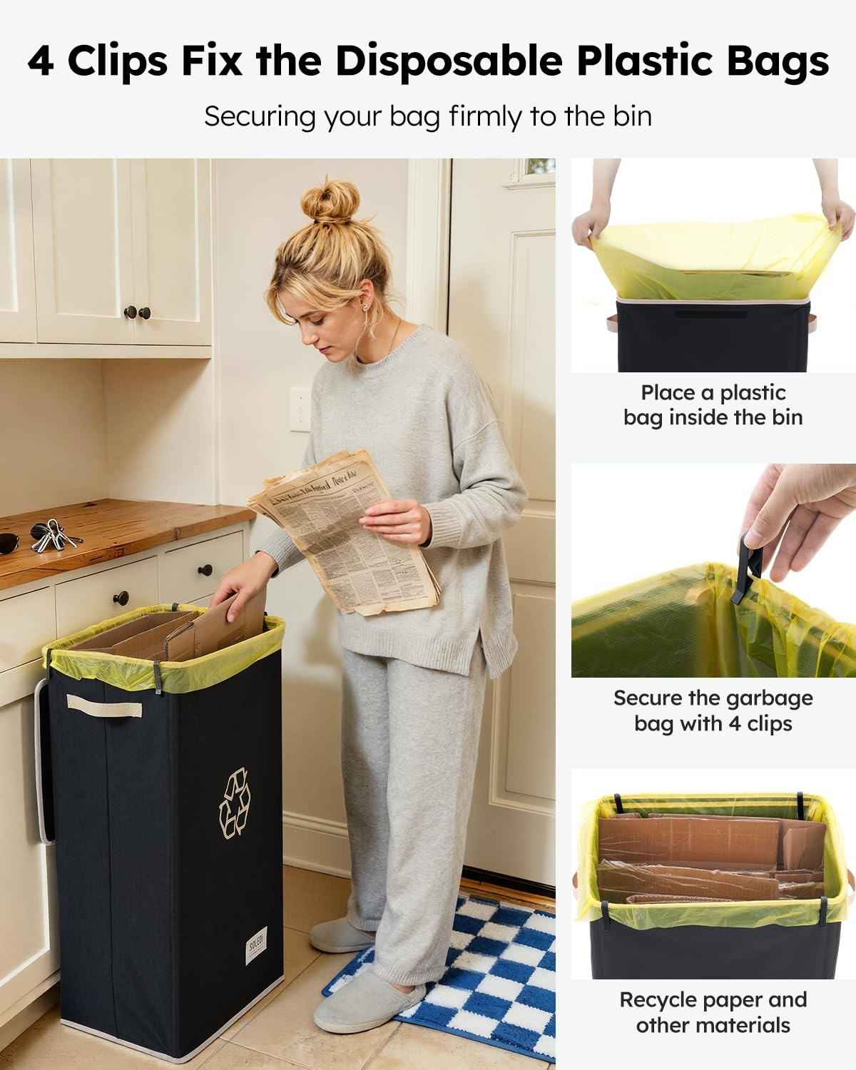 image:imageSOLEDI Recycling Bin for Kitchen26 Gallon Large Recycle Bin with Lid and 2 Removeable Reusable Inner BagsIndoor Recycling Trash Can for Collector of Bottles Cans and PlasticBeigeBlack