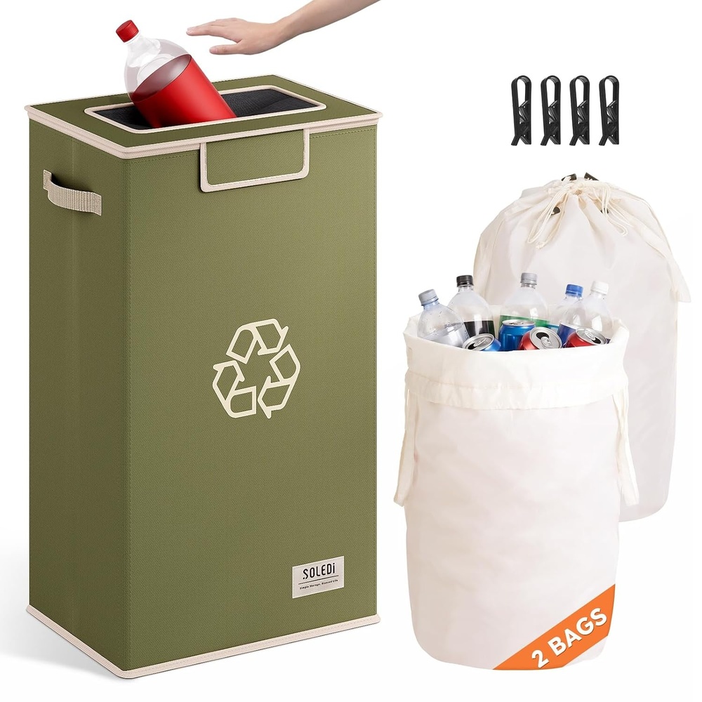 image:imageSOLEDI Recycling Bin for Kitchen26 Gallon Large Recycle Bin with Lid and 2 Removeable Reusable Inner BagsIndoor Recycling Trash Can for Collector of Bottles Cans and PlasticBeigeGreen